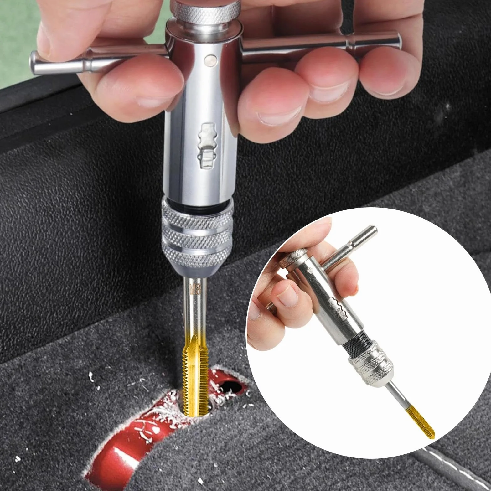Set di Chiave a Cricchetto, 5 Pezzi Maschi per Filettatura M3/ M4/ M5/ M6/ M8 + 1 Pezzi Giramaschi a T, Filettatrice Manuale Regolabile, Maschi per Filettare con Rivestimento in Titanio
