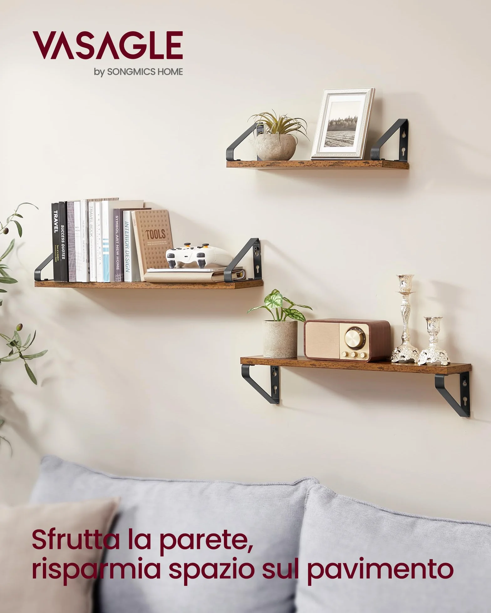 VASAGLE Mensole da Muro, Mensole da Parete, Set di 3, 2 Modalità di Montaggio, 40/50/60 cm, per Soggiorno Cucina Studio Bagno, Marrone Vintage e Nero Opaco LWS043K01