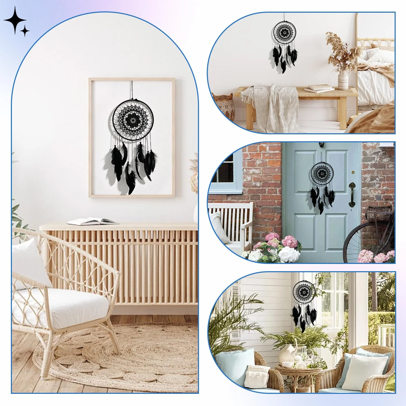 HERCHR Acchiappasogni nero con perline e piume diametro 20,5 cm per decorazione camera da letto