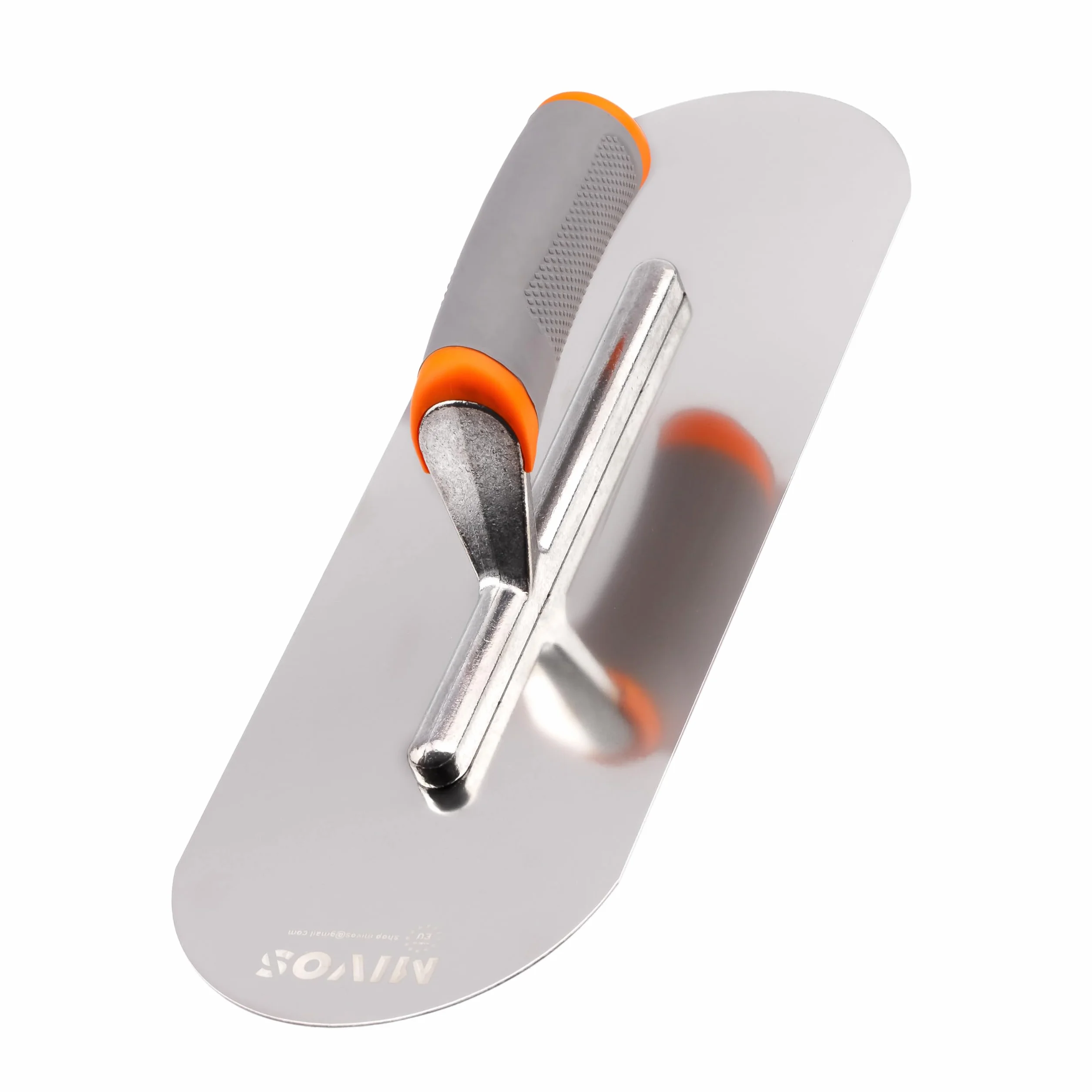 MIVOS Cazzuola in Acciaio inox - 375 x 130 mm - Mezzo Tondo - Impugnatura Ergonomica e Morbida - Tavola Lisciante per intonaco e Muratura - Disco Lisciatore - Made in Ue