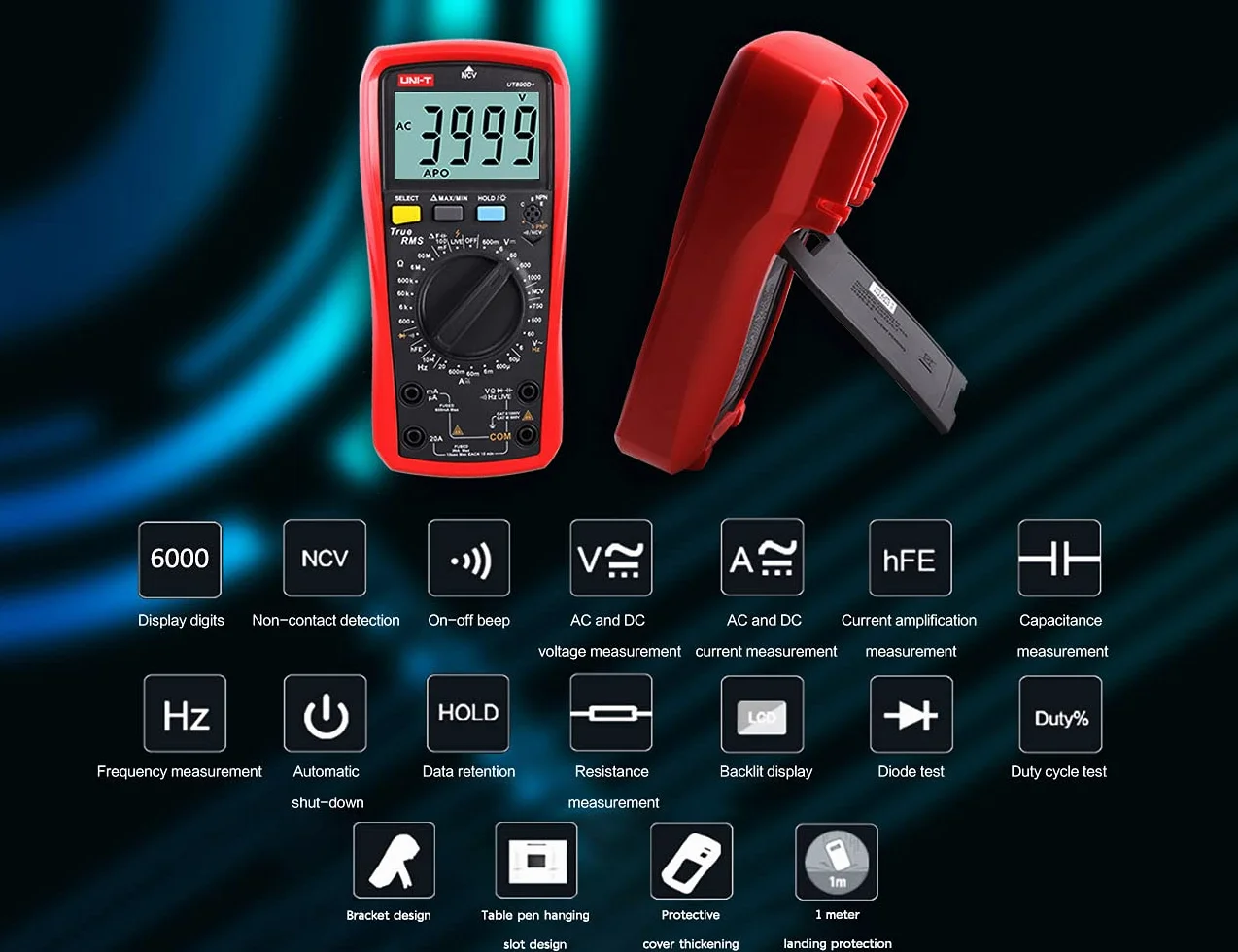 UNI-T UT890D+ Multimetro Digitale True RMS Tensione di Corrente DC/AC (Distinguere tra Cavo Fase e Neutro)