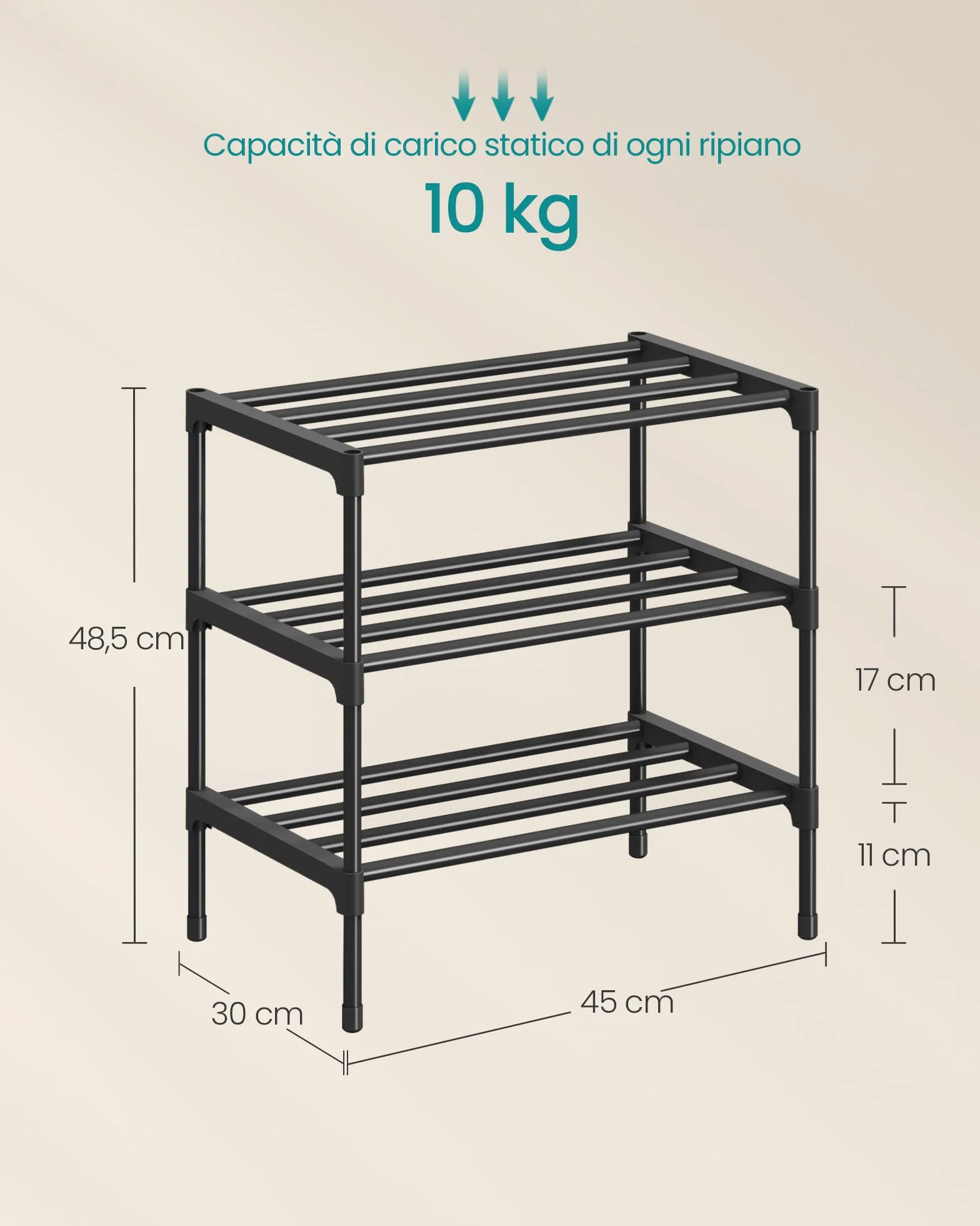 SONGMICS Scarpiera, 3 Ripiani, Scarpiera Ingresso Slim, Organizer per Scarpe, Metallo, Soggiorno Armadio, Impilabile, 30 x 45 x 48,5 cm, Nero LSA113BH01