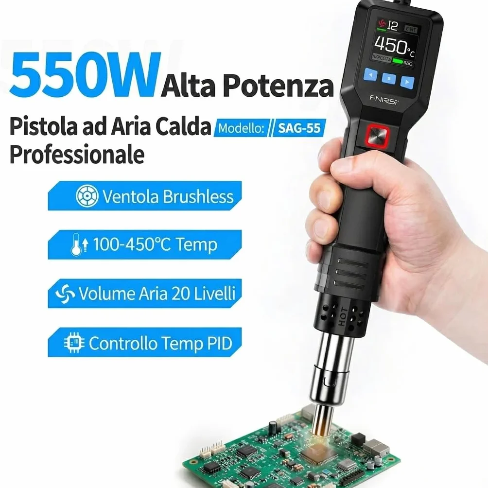 Pistola ad Aria Calda 550W con Controllo PID e Display LCD – Stazione di Saldatura Professionale per Elettronica SMD, 3 Preset, Smart Sleep, Flusso Aria Regolabile