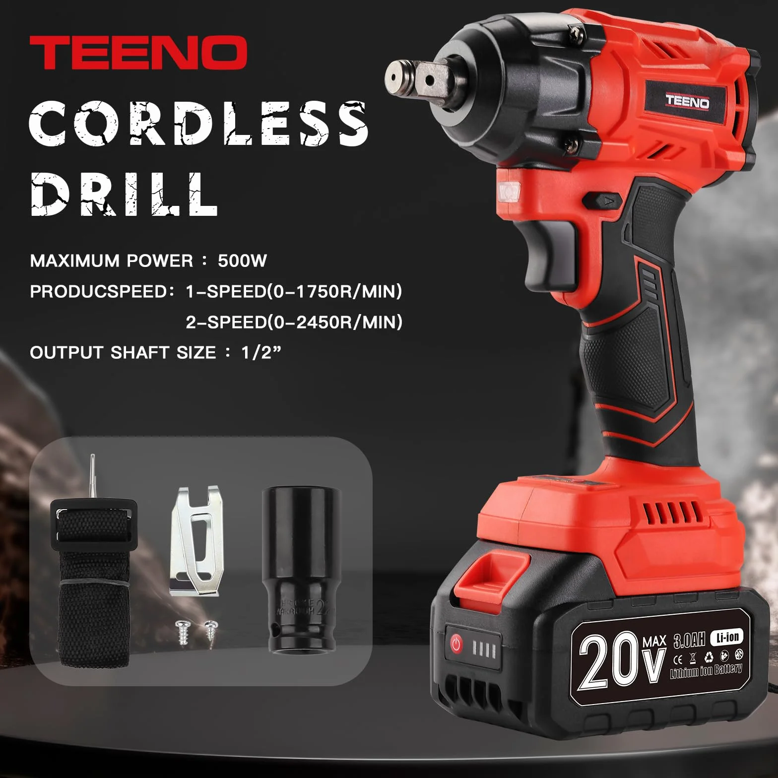 Kit utensili TEENO da 3 pezzi (avvitatore a impatto a batteria senza spazzole + trapano a percussione + smerigliatrice angolare senza spazzole), Batterie da 20 V e 3 Ah*2