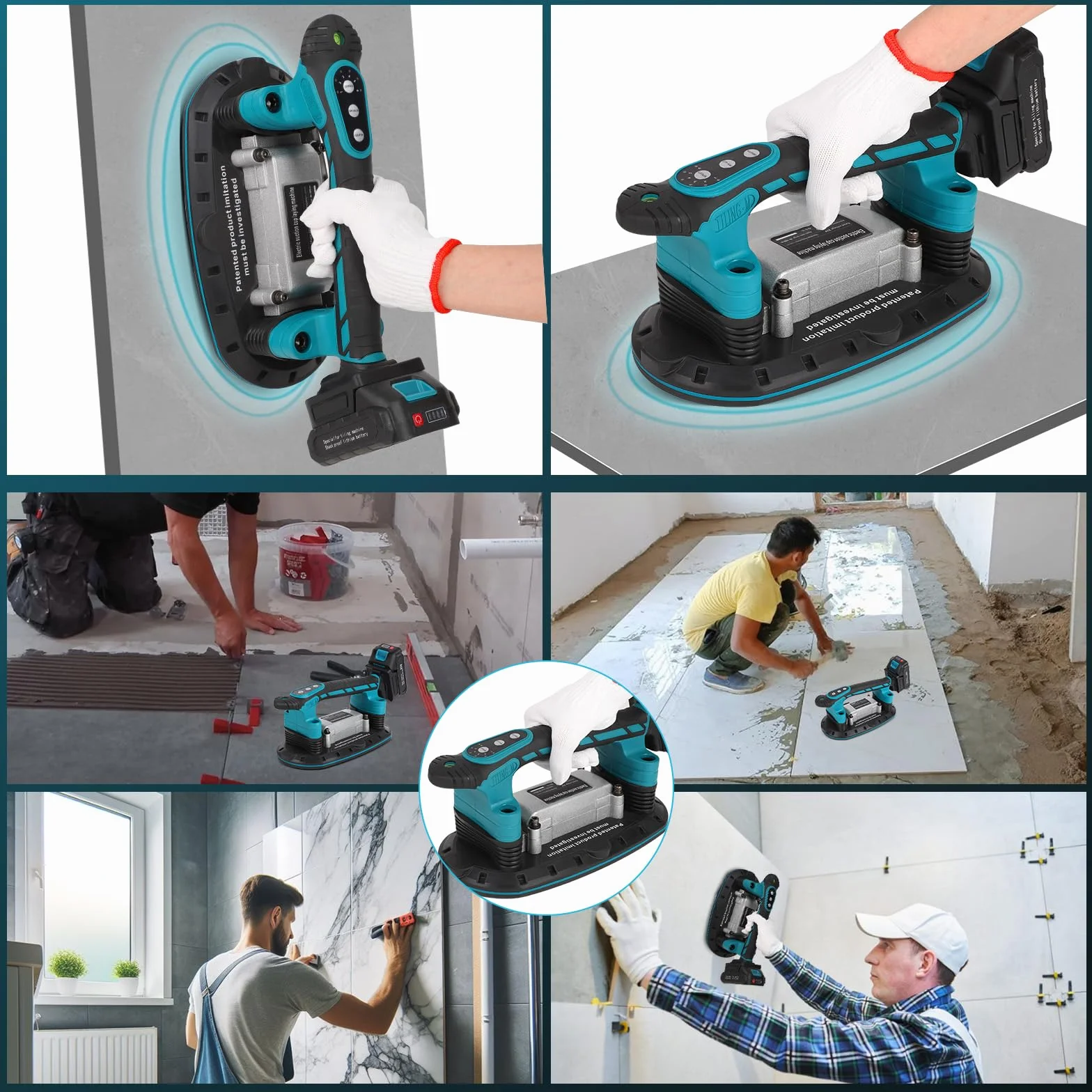 Vibratore per piastrelle, 12000 VPM, macchina per piastrelle, 30 – 225 mm, 250 kg, aggiornamento ventosa, 6 velocità, dispositivo di vibrazione per pavimenti regolabili (2 batterie da 2,5 Ah