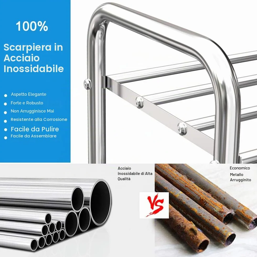 FANHAO Scarpiera Potenziata in Acciaio Inossidabile a 4 Livelli, Organizer Scarpe Ripiano per Scarpe, per un Massimo di 12-16 Paia di Scarpe, per Soggiorno, Guardaroba e Corridoio, 68 x 26 x 65 cm