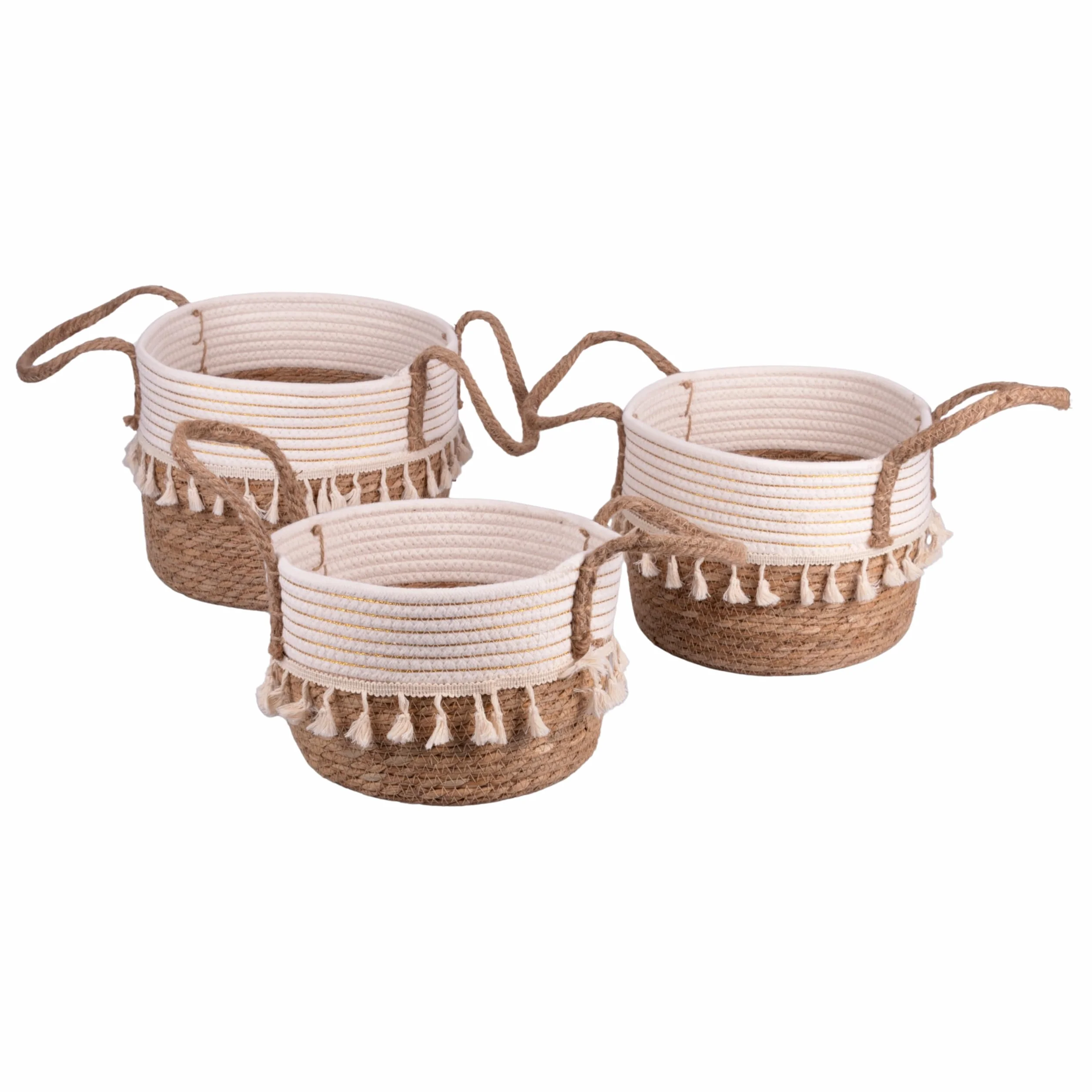 Set 3 ceste in fibra naturale, corda e nappine, con impugnature, Natural