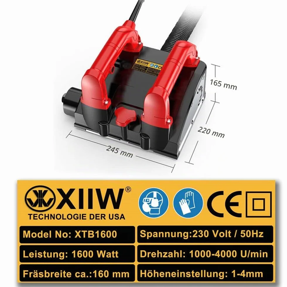 XIIW - Fresa per calcestruzzo, 1600 W, 4000 giri/min, fresatrice a rulli, fresatrice per muri, smerigliatrice per calcestruzzo, fresatrice per pareti per calcestruzzo, gesso, intonaco, malta, vecchie