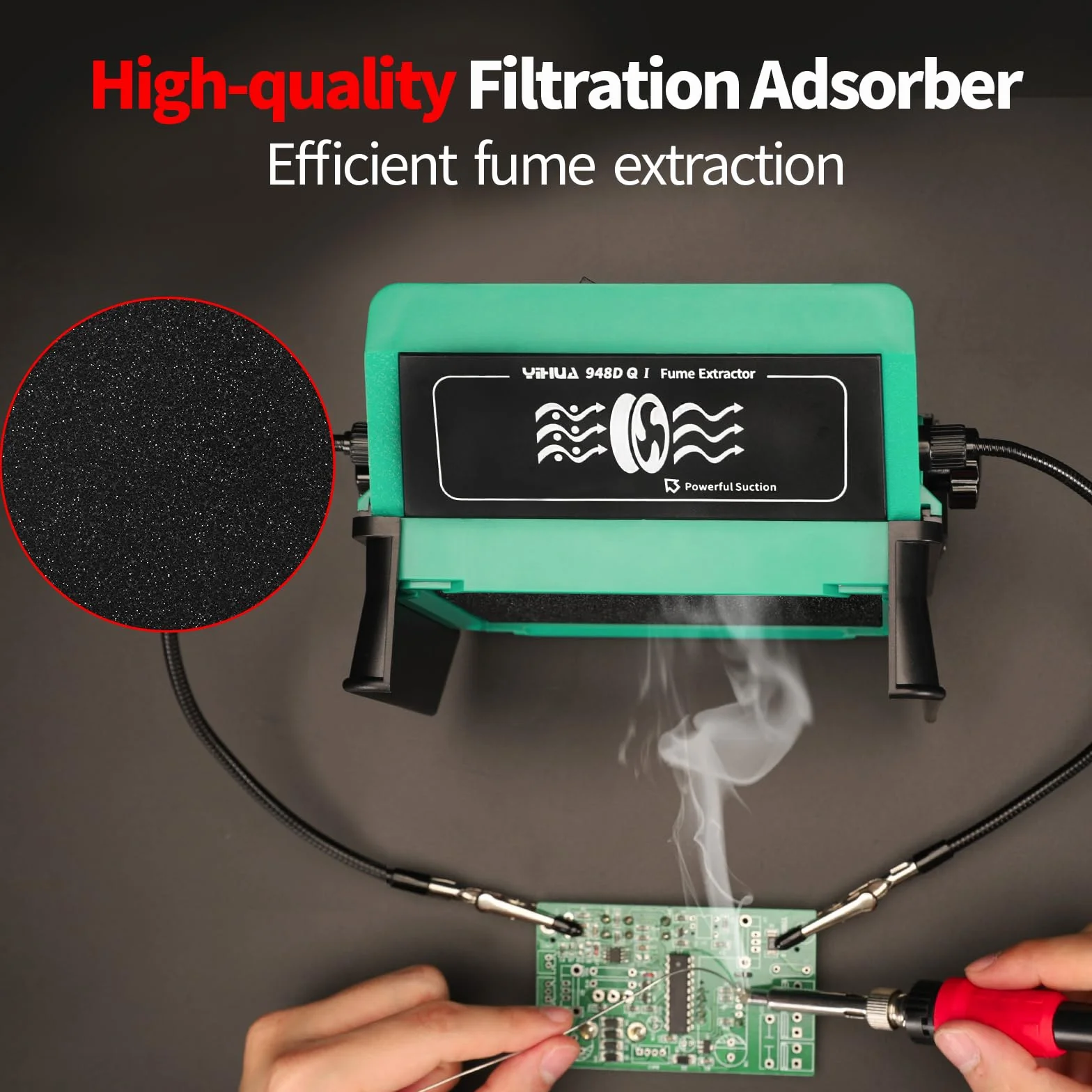 YIHUA 948DQ-I Saldatura Fumi Estrattore Ventola Saldatura Fumo Assorbitore Angolo Inclinabile con Mani Amiche, 6 Filtri Ventilatore Extra per Saldare e Pirografare Legno e Altro (EU PLUG)