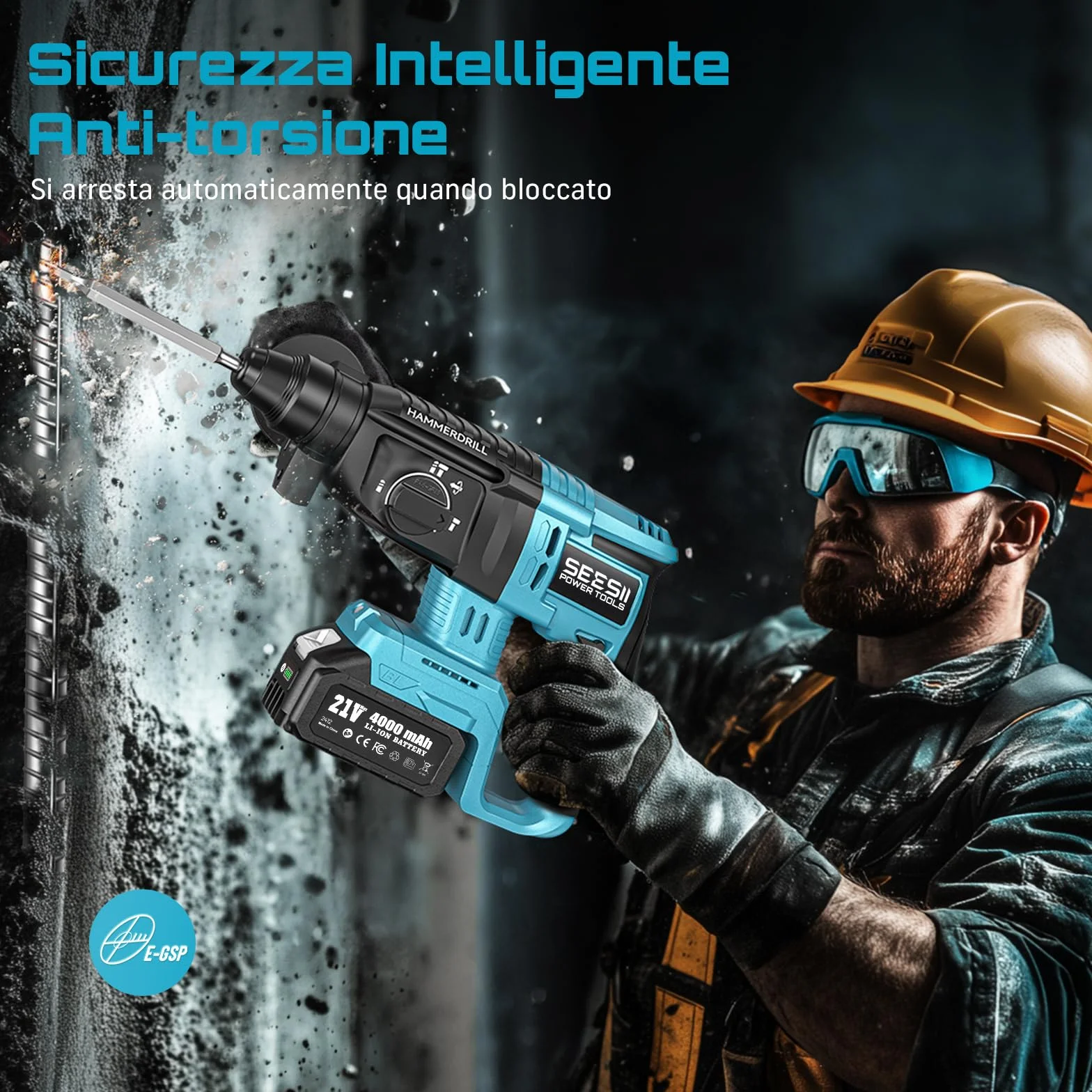SEESII Tassellatore a Batteria: 600W, Energia d’Impatto 2.5J, con 2 Batterie e Caricatore, Trapano a Percussione Batteria, Martello Perforatore Ideale per Fai-da-te e Lavori Edili