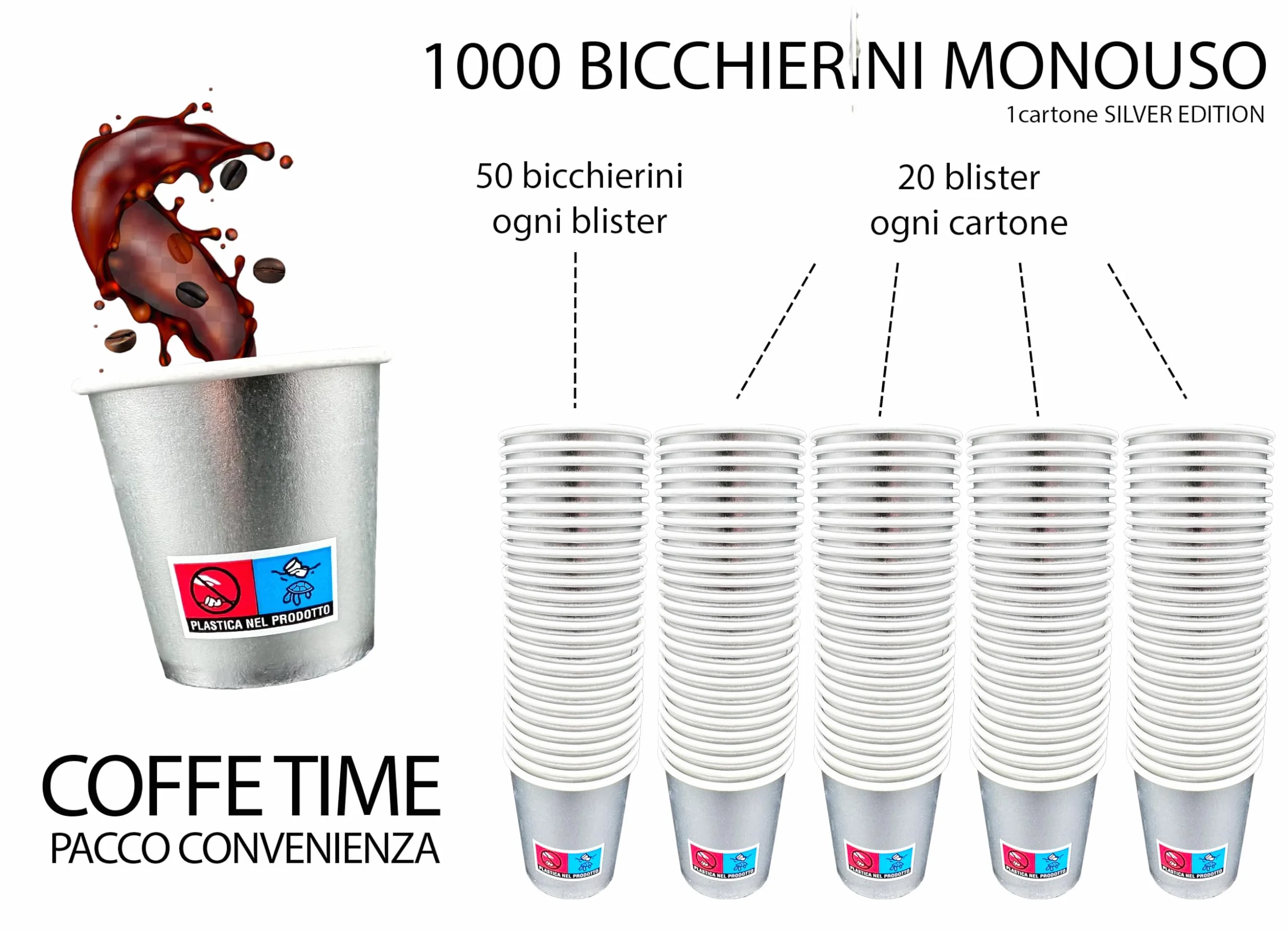 Bicchierini Caffè monouso 65ml 1000 pezzi Silver Edition