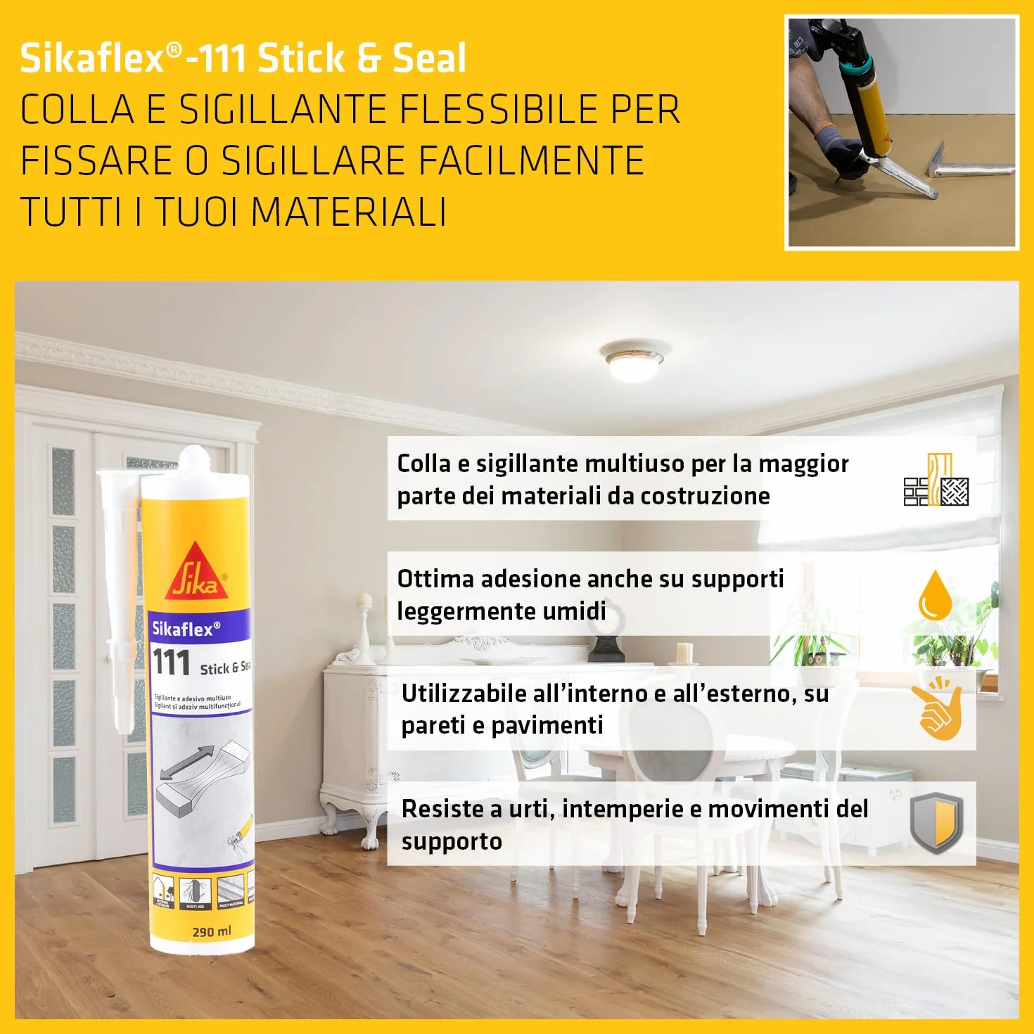 SIKA - Sigillante adesivo multiuso - Sikaflex-111 Stick & Seal, Grigio - Ideale per esterni, resistente e flessibile - La soluzione pronta all'uso per ogni fissaggio - 290ml