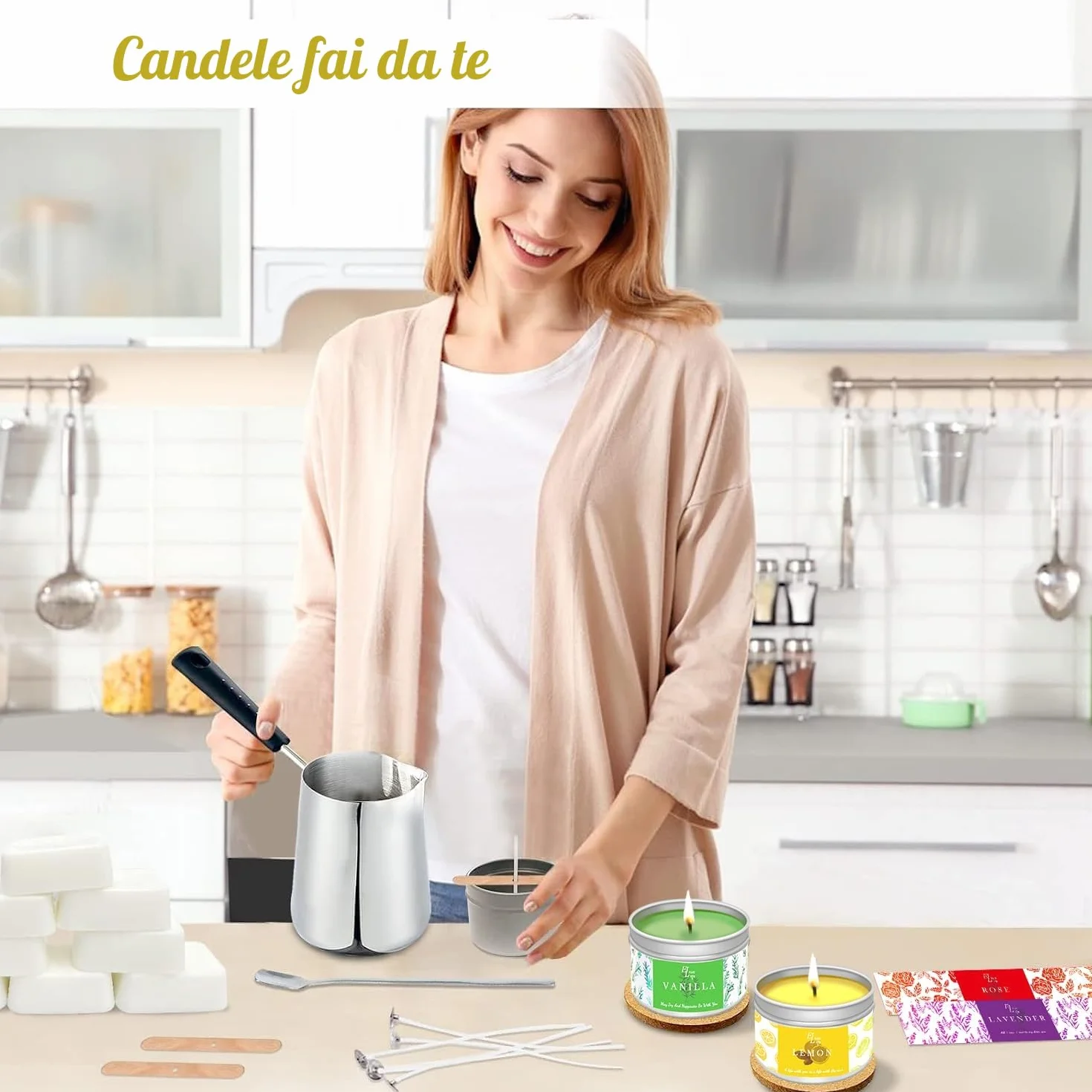 Kit per Fabbricazione Candele,Kit Candele fai da te,Aromaterapia Per La Creazione di Candele,Cera di soia,Creazione di Candele, Crogiolo,Oli Profumati,Scatole Per Candele,Stoppini,Cera Colorante