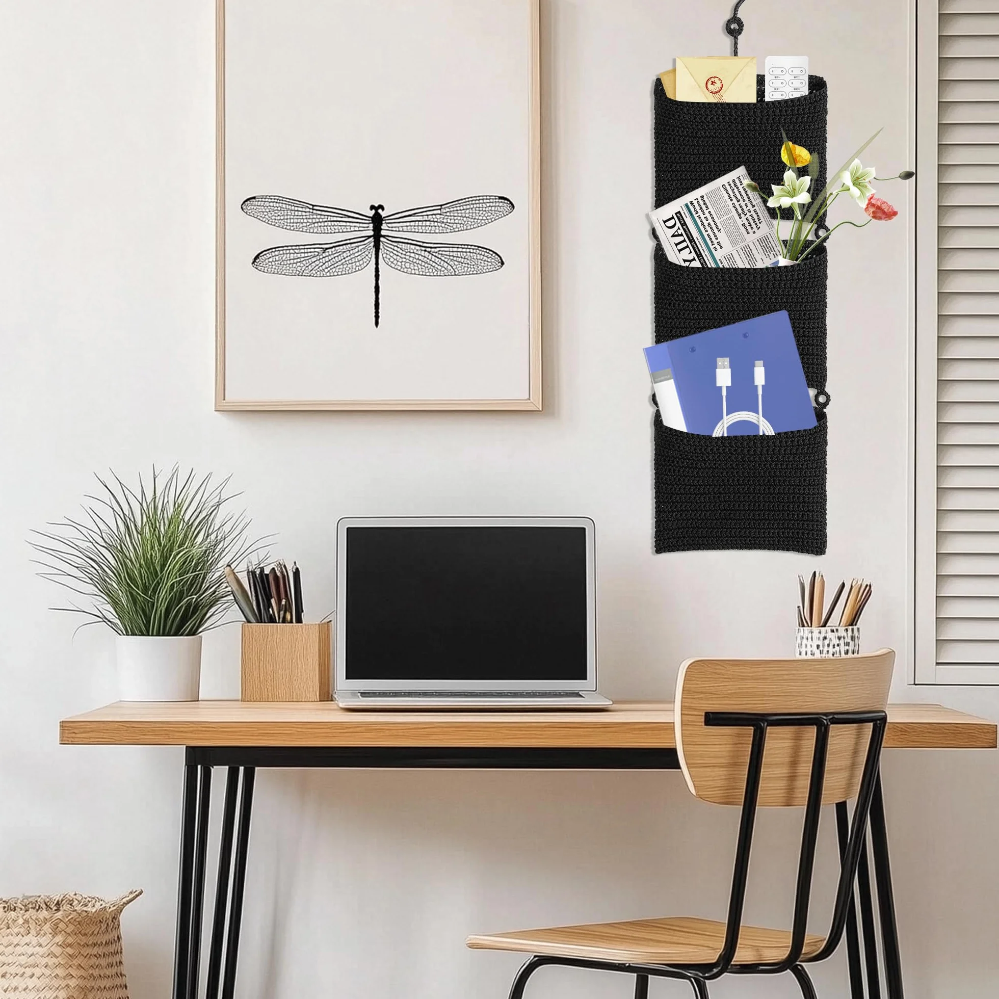 Cestino da parete a 3 ripiani con ganci per riviste, organizer decorativo, decorazione per cameretta dei bambini, soggiorno, camera da letto, bagno, grigio