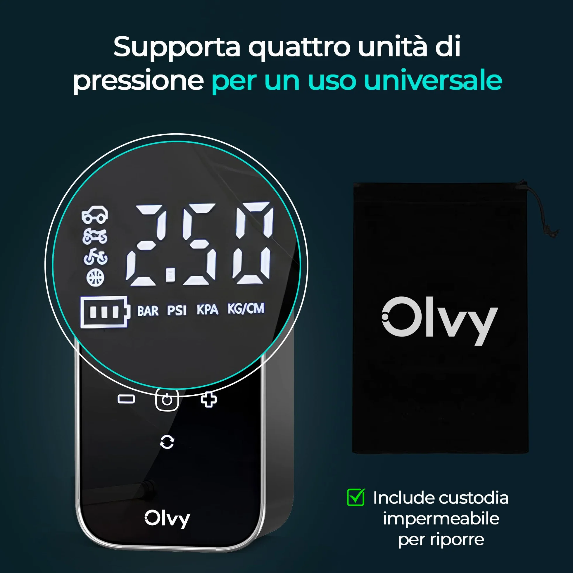 Olvy Compressore d'aria portatile senza fili 12V 6000 mAh Display digitale Luce LED