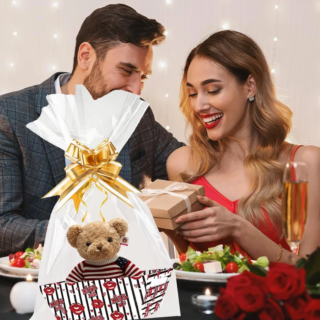 Set di Sacchetti Grandi in Cellophane per Cesti Regalo, 5 Pezzi, Inclusi 5 Fiocchi e Lacci, Trasparenti per Confezioni e Bouquet Natalizi, Cellophane Trasparenti per Regali (50 x 70 cm)