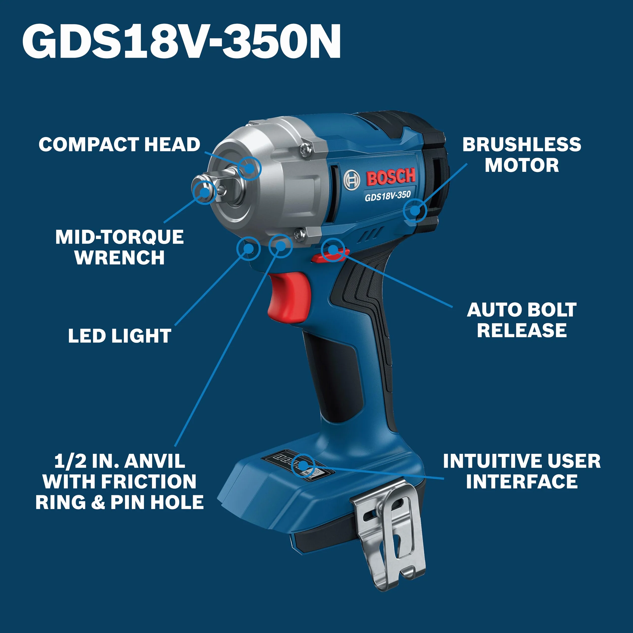 BOSCH GDS18V-350N - Avvitatore a percussione a coppia media senza spazzole da 18 V, coppia di rottura da 18 m, coppia di fissaggio da 250 m, design compatto (strumento nudo)