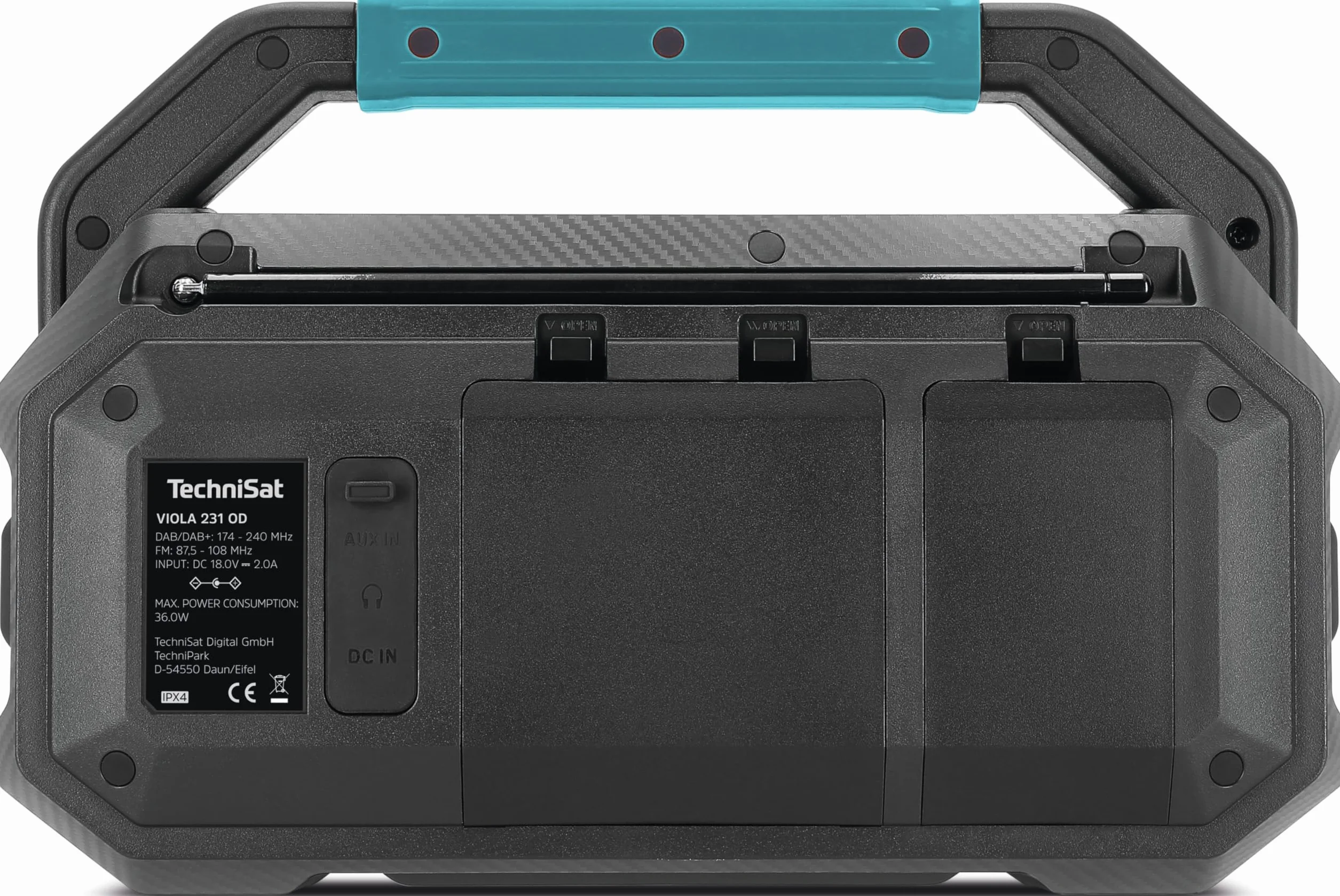 TechniSat Viola 231 OD - Batteria Makita Radio da cantiere compatibile (DAB+, FM, AUX, Bluetooth, IPX4, resistente agli spruzzi, 2 altoparlanti stereo da 15 W)