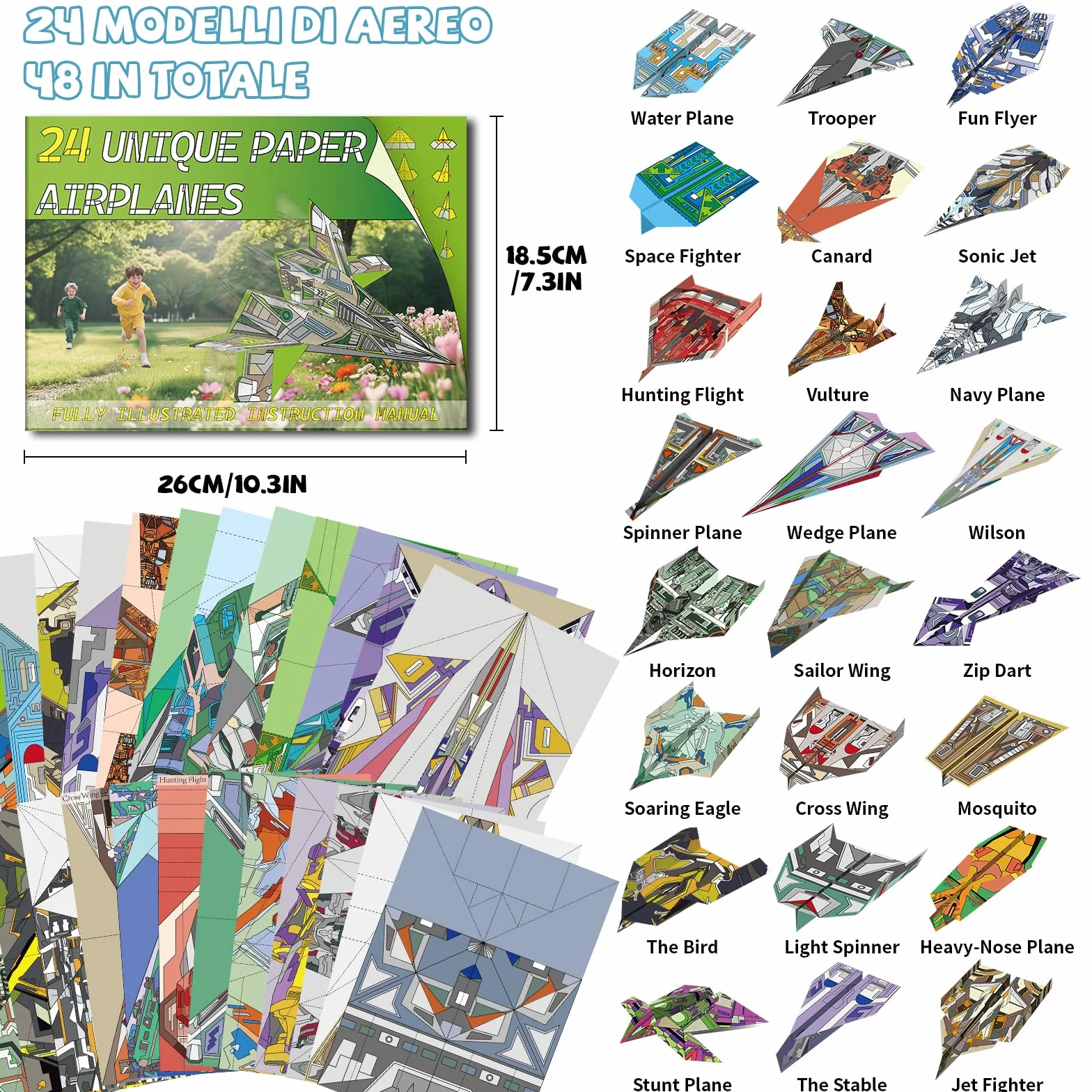 Elfew 48 Aerei di Carta da Piegare e Lanciare, Origami per Bambini, Aeroplani Carta Origami - Aerei Giocattolo Adatto a Bambini dai 6 8 9 10 Anni