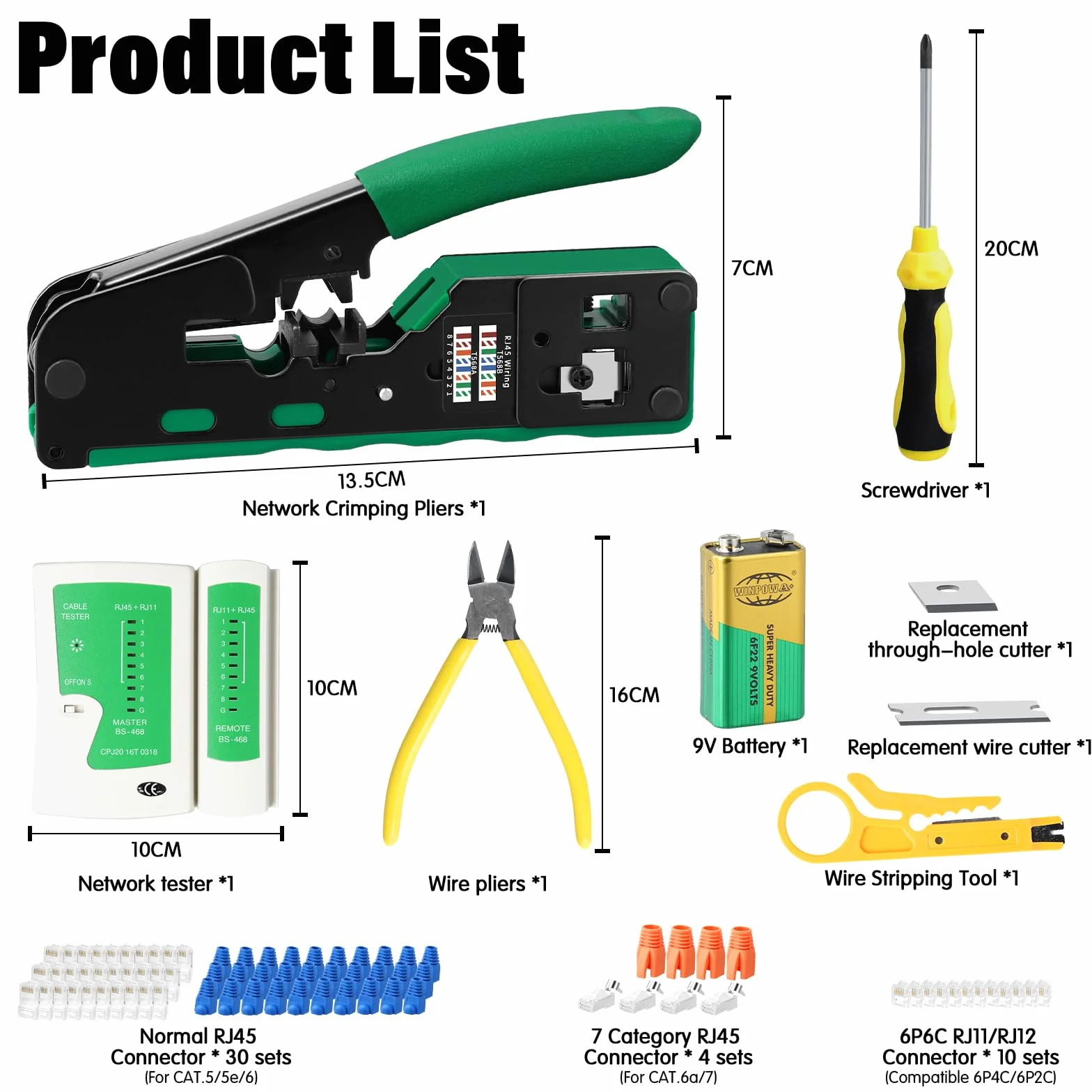 Kit di strumenti di rete RJ45 con 4x Cat7/6a, 30x CAT.5/5e/6, 10x 6P6C RJ11/RJ12, prese RJ45/RJ11/RJ12, strumento di riparazione e tester di rete