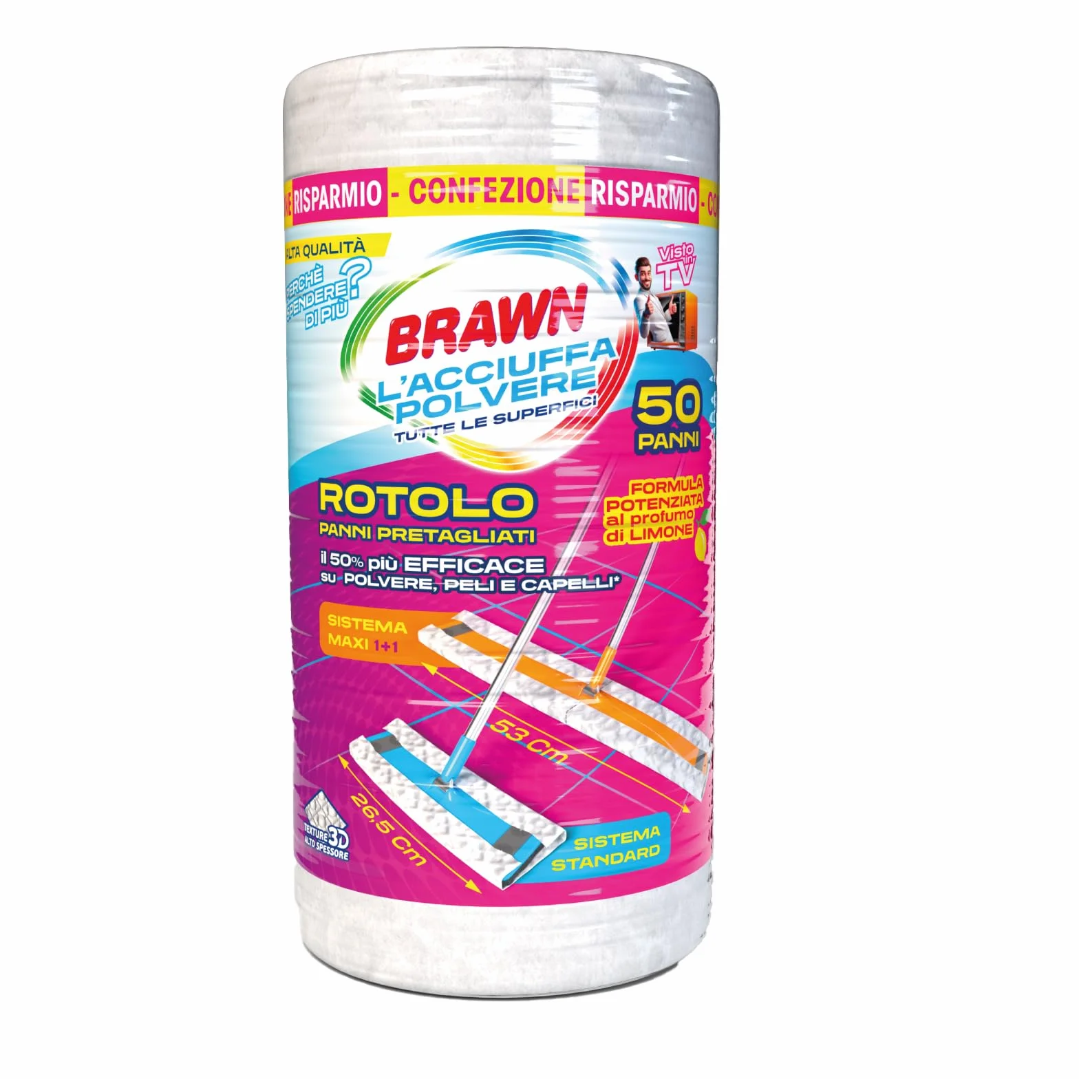 Brawn Acciuffapolvere HQ Rotolo 50 Panni Pretagliati, Tessuto 3D ad Alto Spessore, Maggiore Potere Elettrostatico per Scope Standard e Maxi