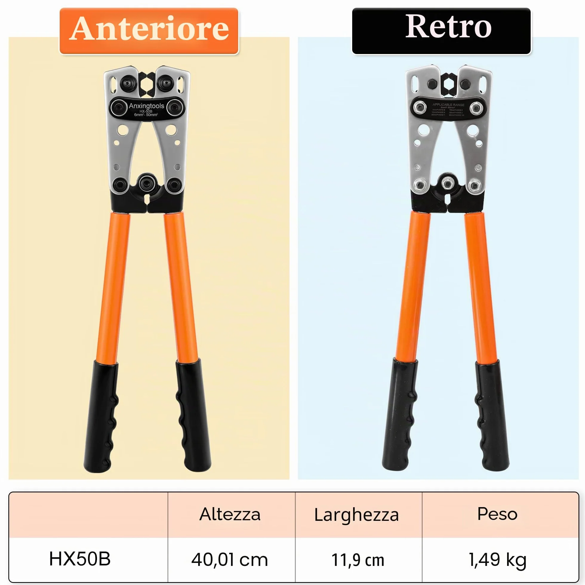 Strumento di crimpatura del cavo della batteria per terminali ad anello in rame della batteria da 6/10/16/25/35/50 mm², capicorda in rame, piegatore resistente per capicorda (HX50B Crimper)