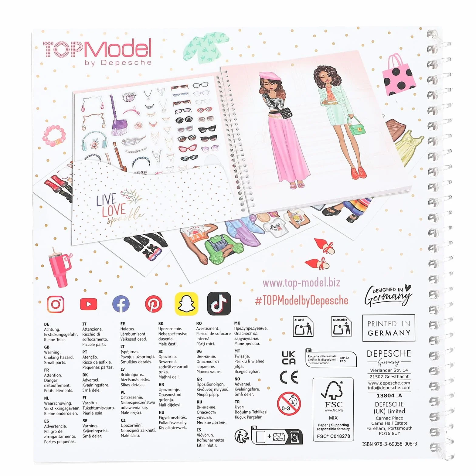 Depesche 13804 TOPModel Dress Me Up - Libro di Adesivi con 24 Pagine di Motivi prestampati per Modelli da disegnare da Soli, Inclusi 11 Fogli di Adesivi