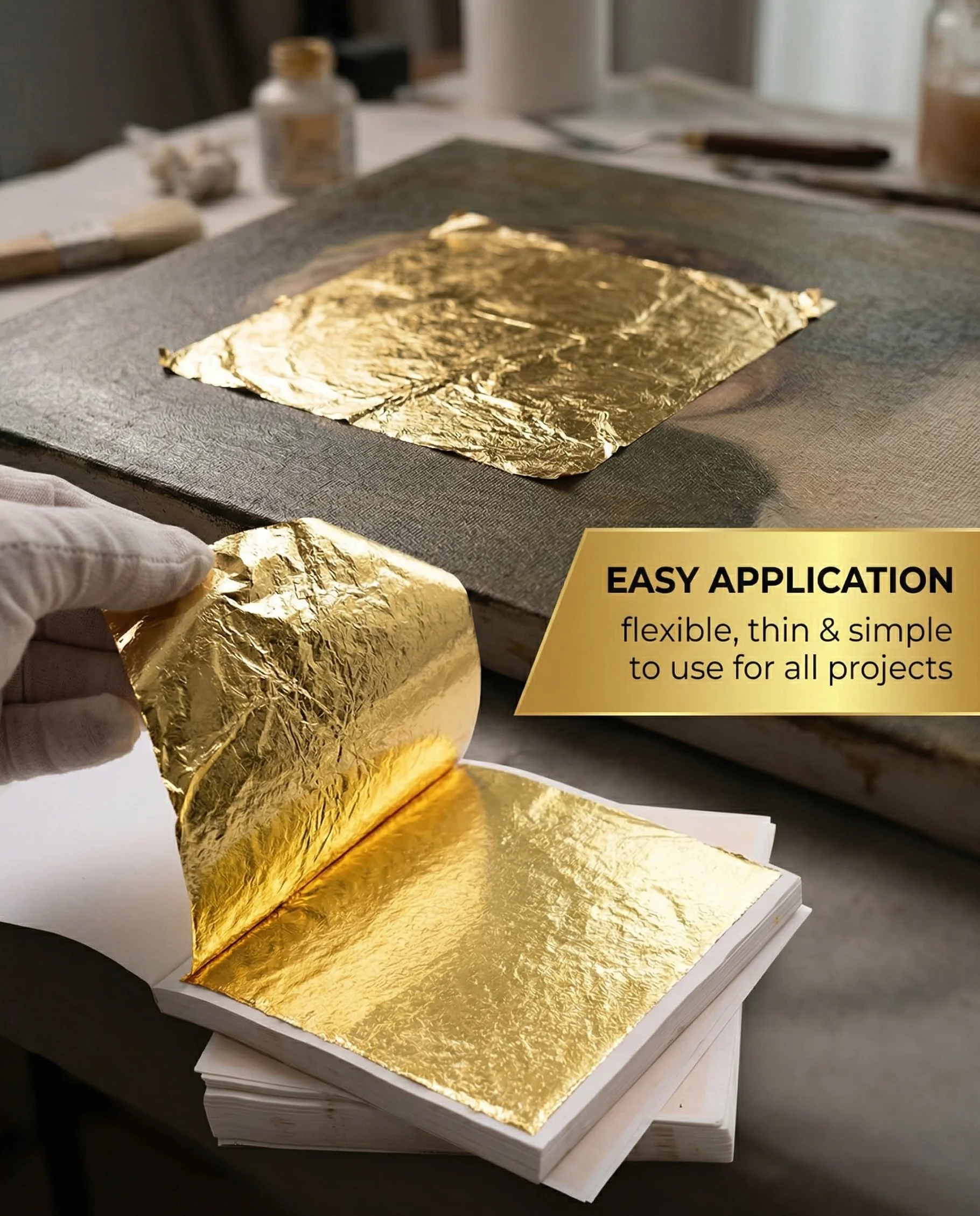 Foglia Oro Imitazione 100 Fogli 8.5x8cm, Lamina Dorata Metallizzata per Artigianato, Pittura, Decorazioni e Progetti Fai da Te.