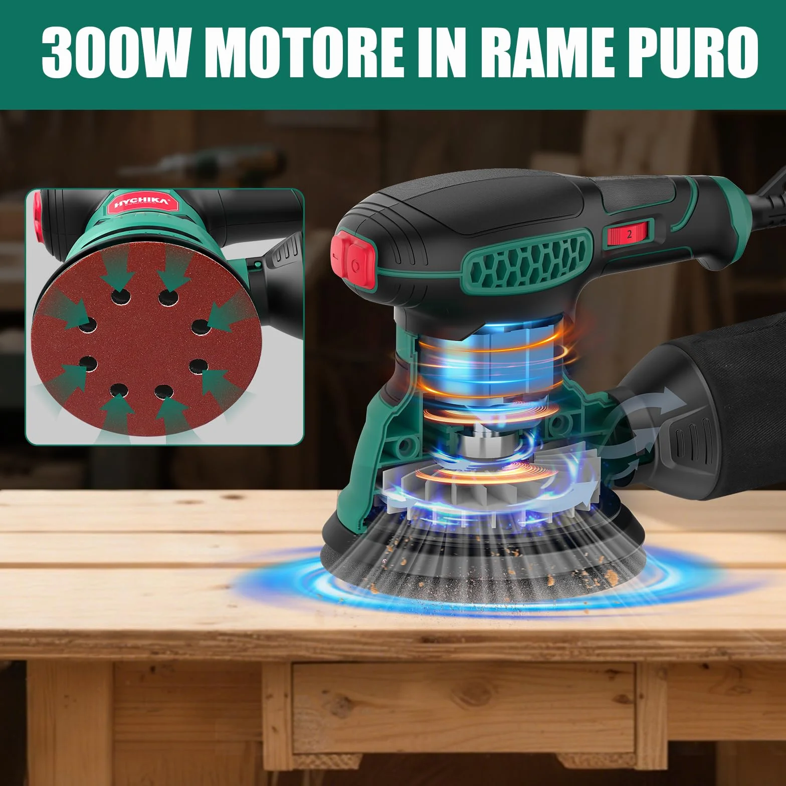 HYCHIKA Levigatrice Orbitale 300W 12000OPM 6 Velocità 16 Pezzi Dischi Abrasivi 125 Frenata Rapida