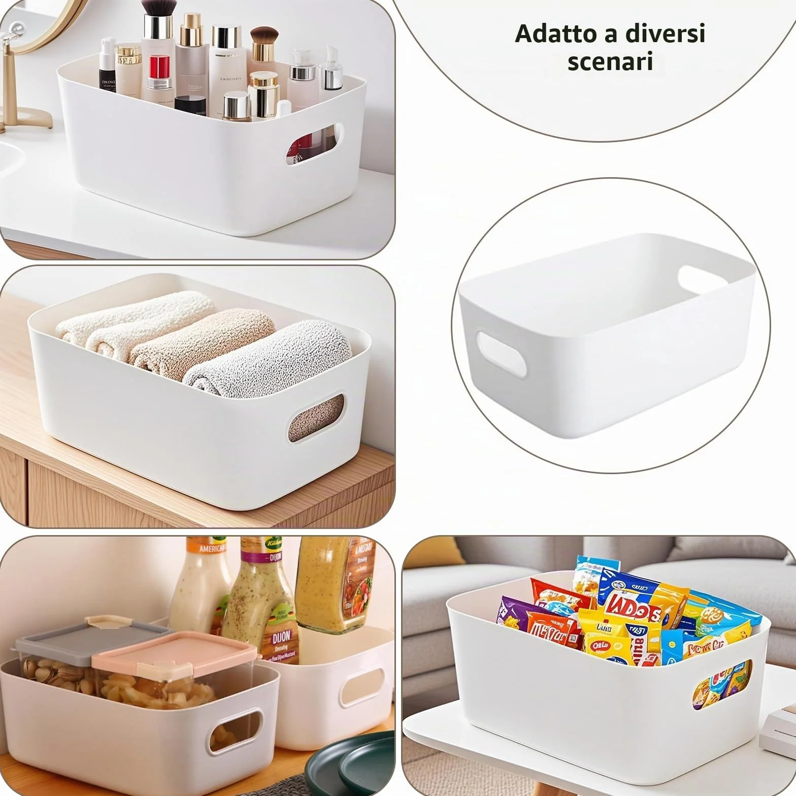 10 pezzi Scatola portaoggetti in plastica con manici, 30x20x12cm, scatola di plastica per la conservazione, per armadio da cucina, bagno, scaffale, organizer da desktop (Bianco)
