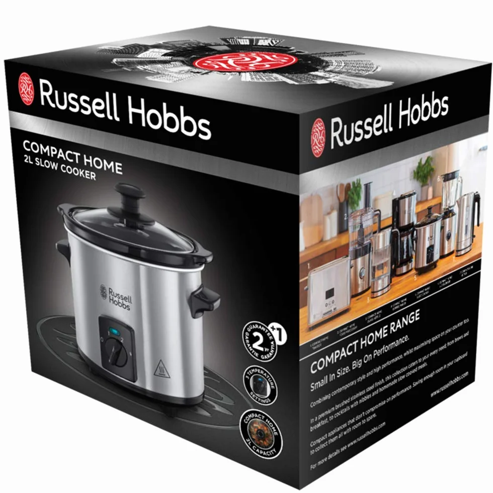 Russell Hobbs Pentola a cottura lenta compatta, 2L, Pentola rimovibile in ceramica, 3 temperature, 145 W, Acciaio Inox, Compact Home Slow Cooker 25570-56