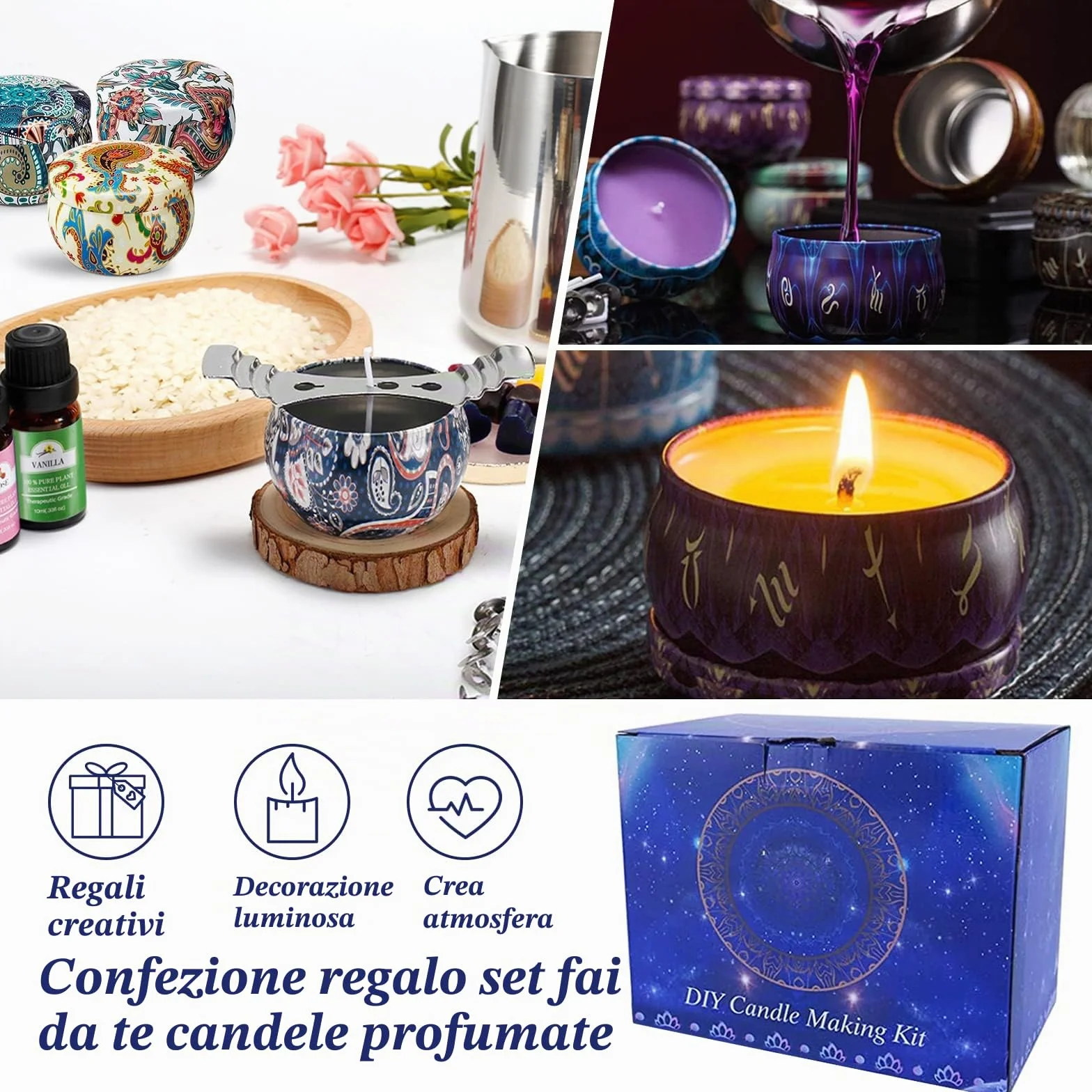 Kit di produzione di candele di cera fai da te, con descrizione, include 4 confezioni di cera di soia, 8 scatole di pentole,80 stoppini e 1 cucchiaio