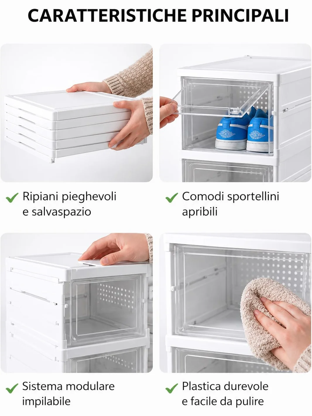 Scarpiera Salvaspazio Pieghevole 6 Ripiani Portascarpe Modulare Impilabile Sportello Antipolvere Trasparente 105x35,5x25,5 cm Bianco