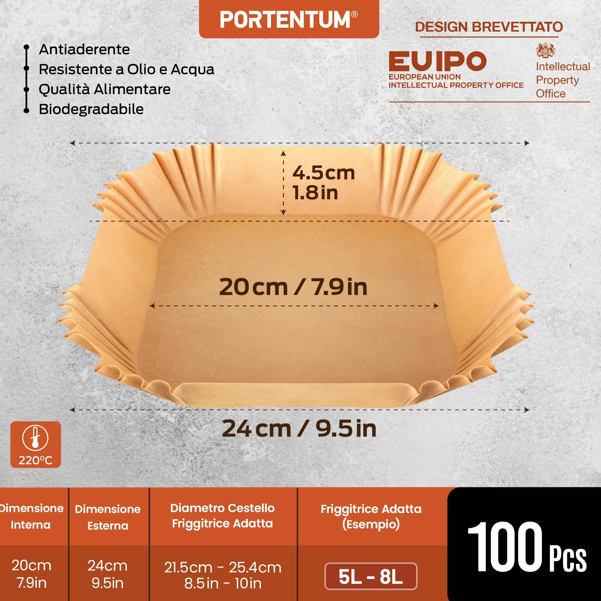 PORTENTUM Carta forno per friggitrice ad aria 100 unità quadrate 20–24 cm 5–8 L BPA Free