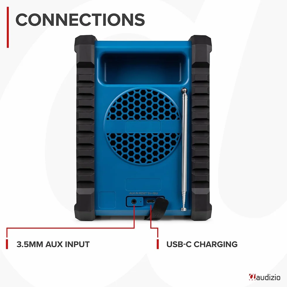 Audizio Temi Radio da Cantiere Dab+ con Batteria - IP54, Bluetooth 5.0, Autonomia 8H, FM, 40 Stazioni Memorizzabili, Ingresso AUX, Ideale per Ascoltare le Tue Stazioni Preferite Durante i Tuoi Lavori