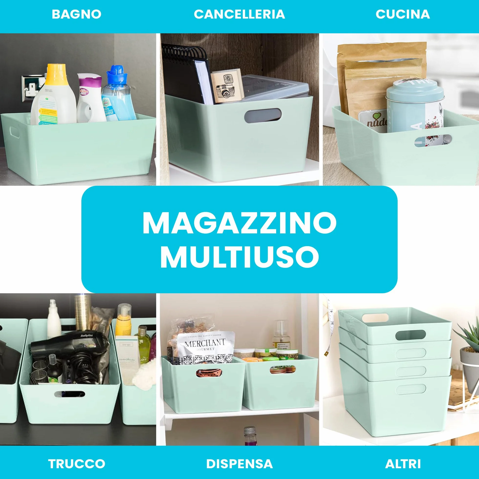 NIFTII 5 Pezzi Cestini Portaoggetti in Plastica con Manici 3,9 L Salvia Organizer per Armadio