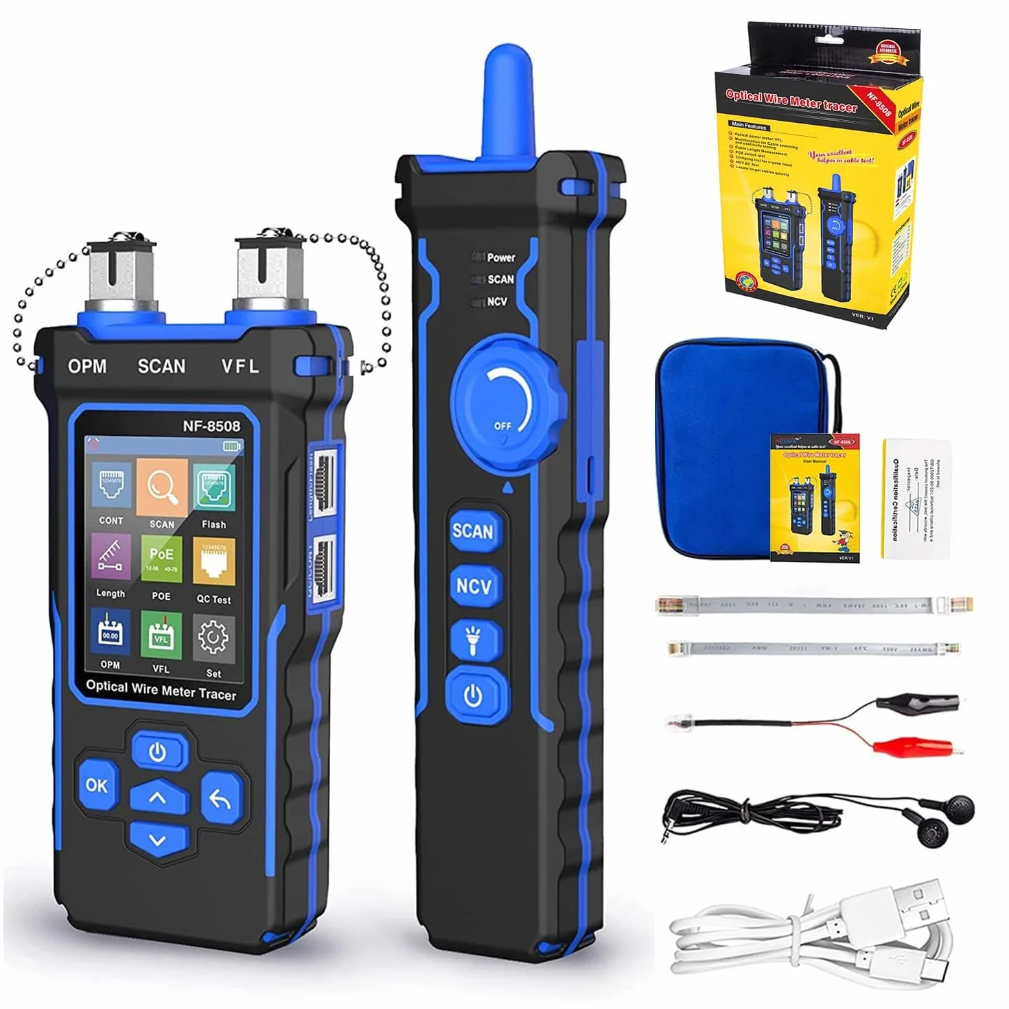 NOYAFA NF-8508 Tester per Cavi di Rete con Misuratore di Potenza Ottica, VFL e Localizzatore di Fili, Tester per Cavi Ethernet CAT5/CAT6, Rete RJ45 e PoE