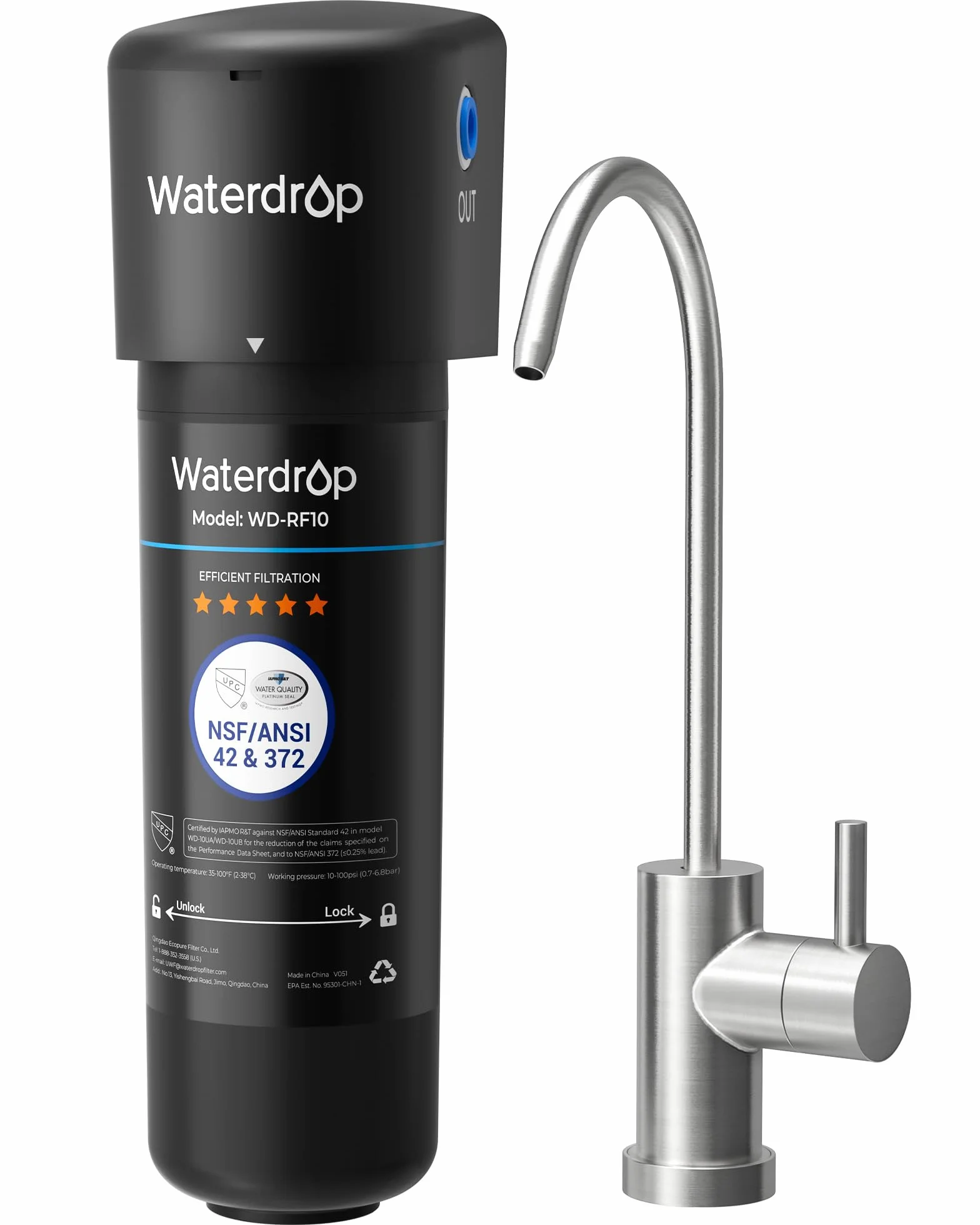 Waterdrop 10UB Filtro Acqua Sistema con Rubinetto Dedicato Goccia, Depuratore Acqua Domestico per 11000 Galloni, Certificato da NSF/ANSI 42, Rimuove 99.99% di Piombo, Cloro, Cattivo