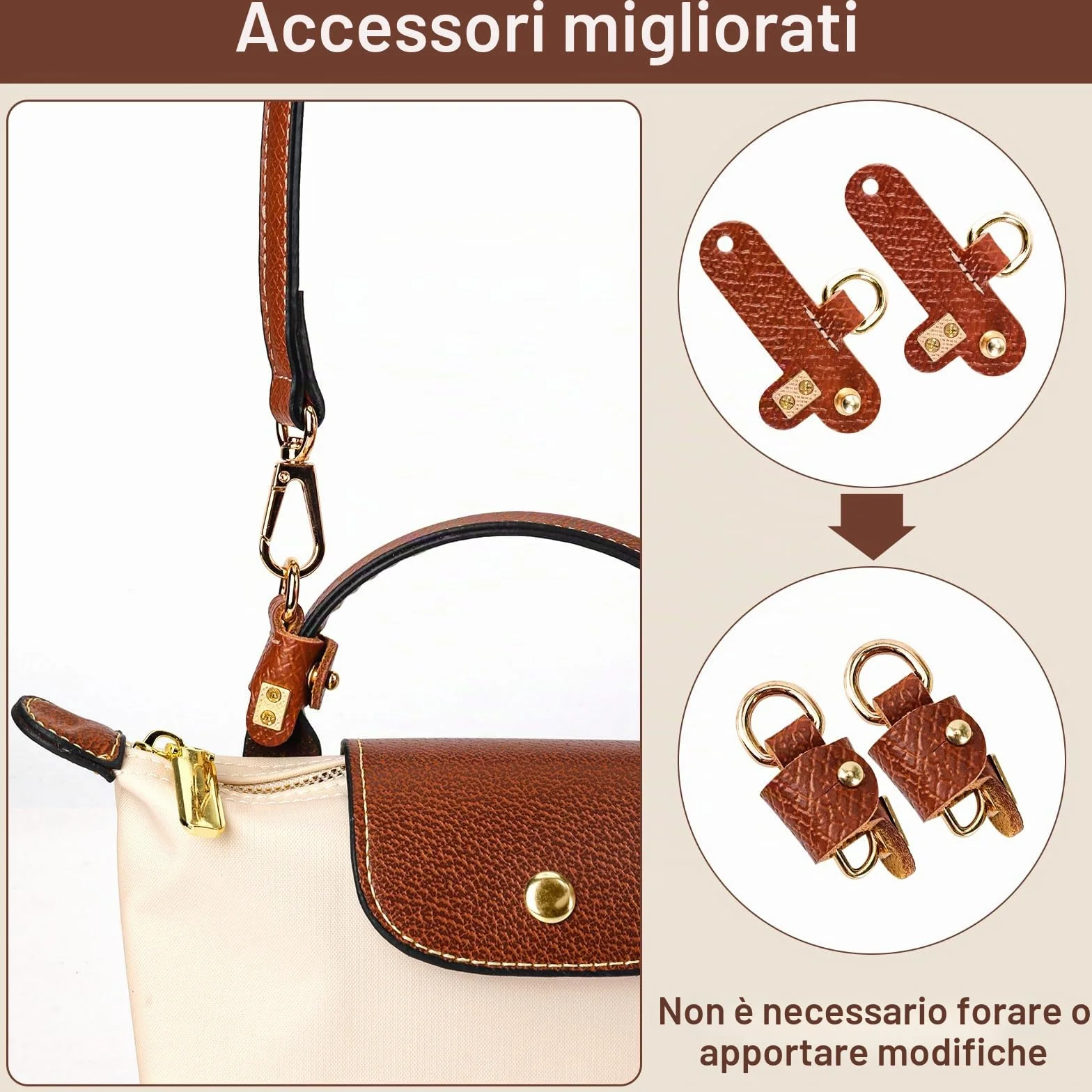 Tracolla per Longchamp Mini Borse, Donna Universale Regolabile di Tracolla per Borsa in Pelle Double Face PU - Marrone, Non Serve Punzonatura con 2 Adattatori per Ogni Occasione