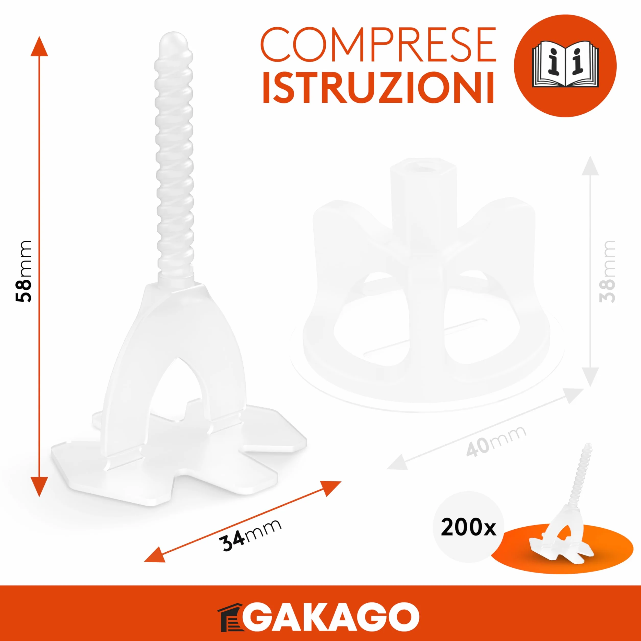 Gakago Sistema di livellamento per piastrelle 200 alette filettate da 1 mm - Ausilio per la posa per un'esecuzione perfetta delle fughe - Gamma superiore per spessori di piastrelle da 3 a 18 mm