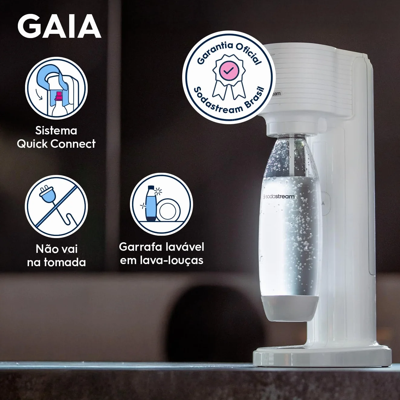 Sodastream Gaia Gasatore bianco con bottiglia lavabile in lavasoviglie e cilindro Co2