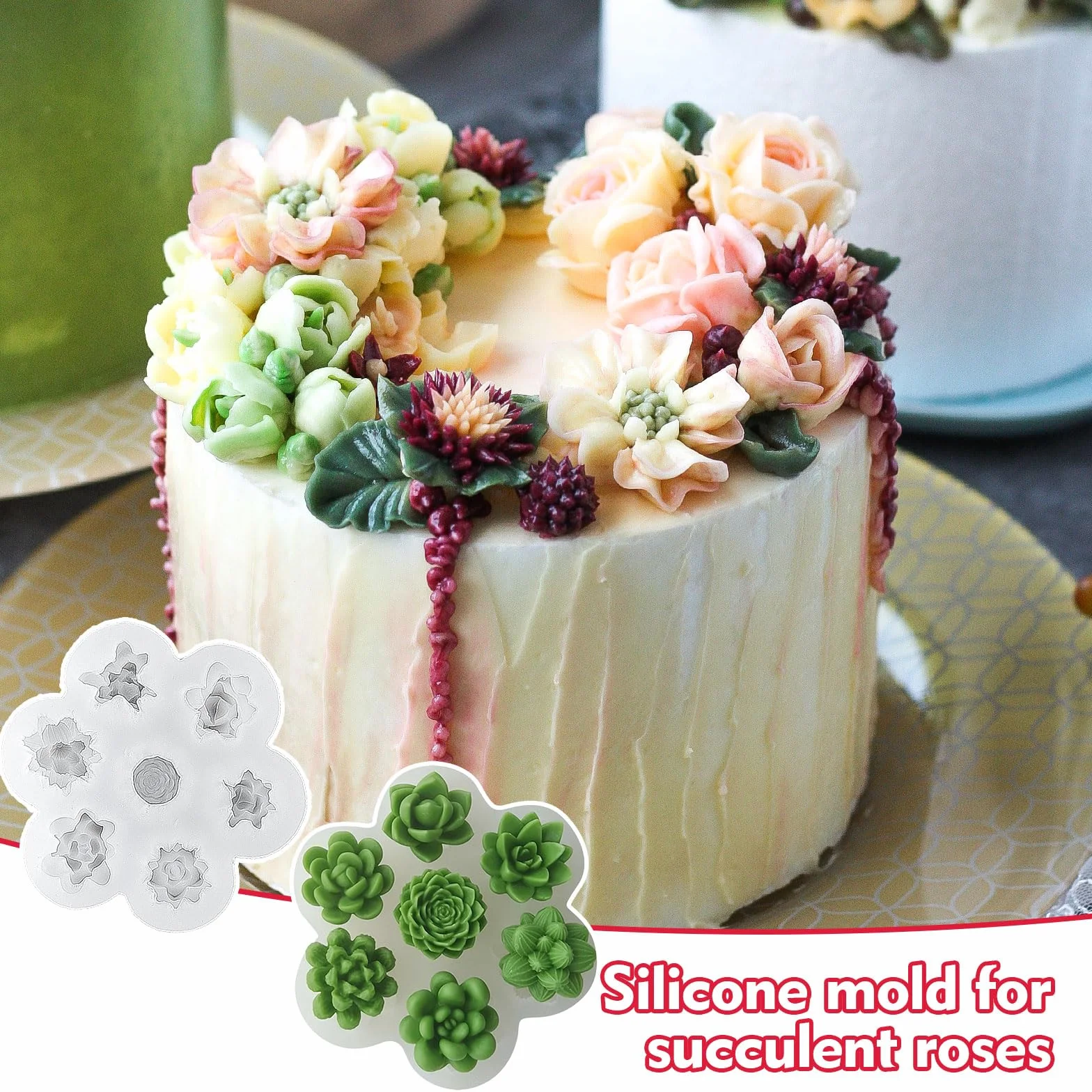 2 Pezzi Stampi per Candele Fiori, Succulenta + Rosa, Stampo in Silicone 3D per Candele, per Torte, Cioccolato, Fondente, Aromaterapia e Creazione di Candele