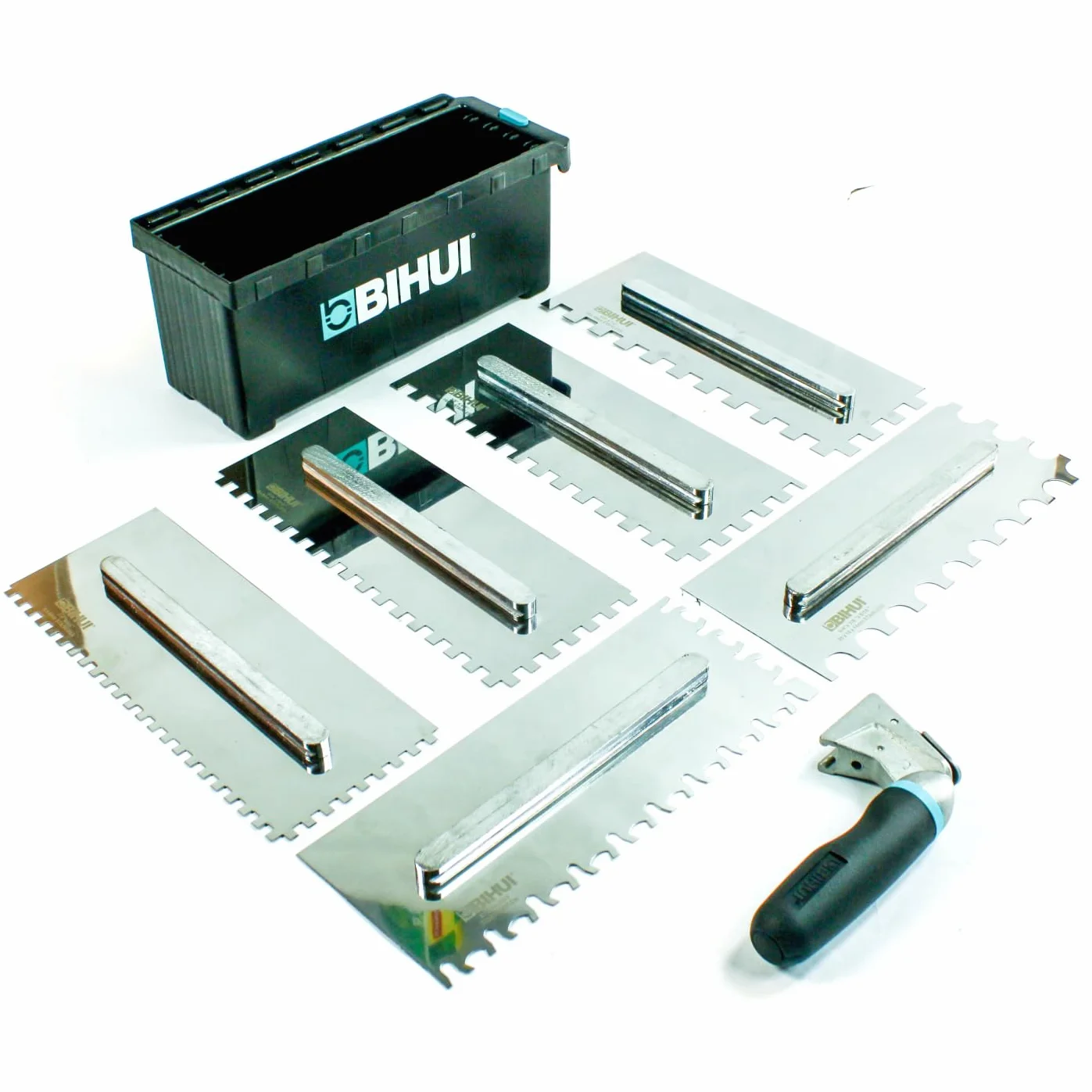 Set di Spatole Dentate BIHUI - 6 Spatole per Stuccatura da 280x115mm - Spatole in Acciaio Inox per Colla - Dimensioni 6, 8, 10, 12, 10x20mm.