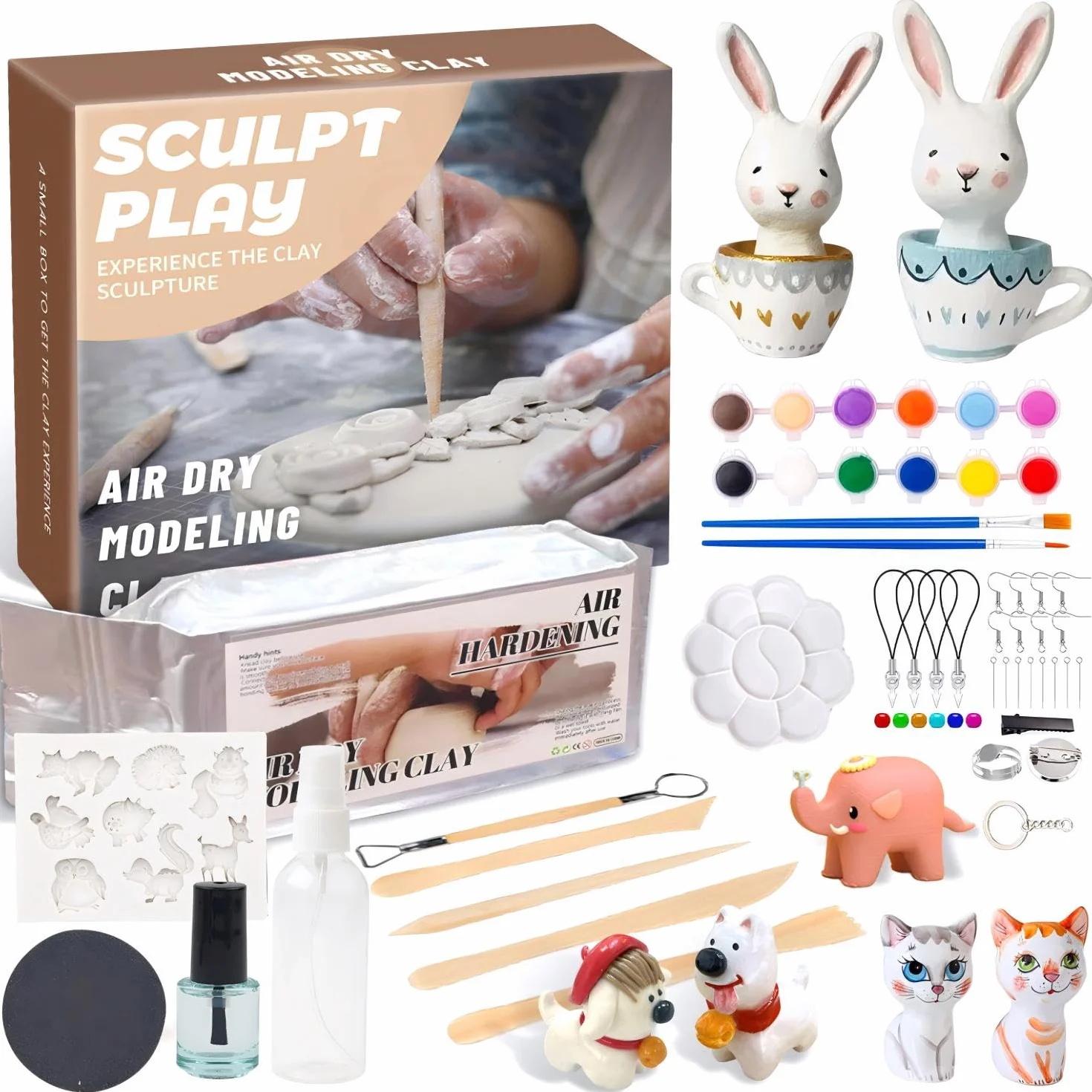 Augesak Kit di Argilla Senza Cottura, Argilla da Modellare, Kit Ceramica Fai da te Adulti Bambini, Pottery Kit-Contiene Argilla Senza Cottura, Attrezzi, Colori, Pennelli