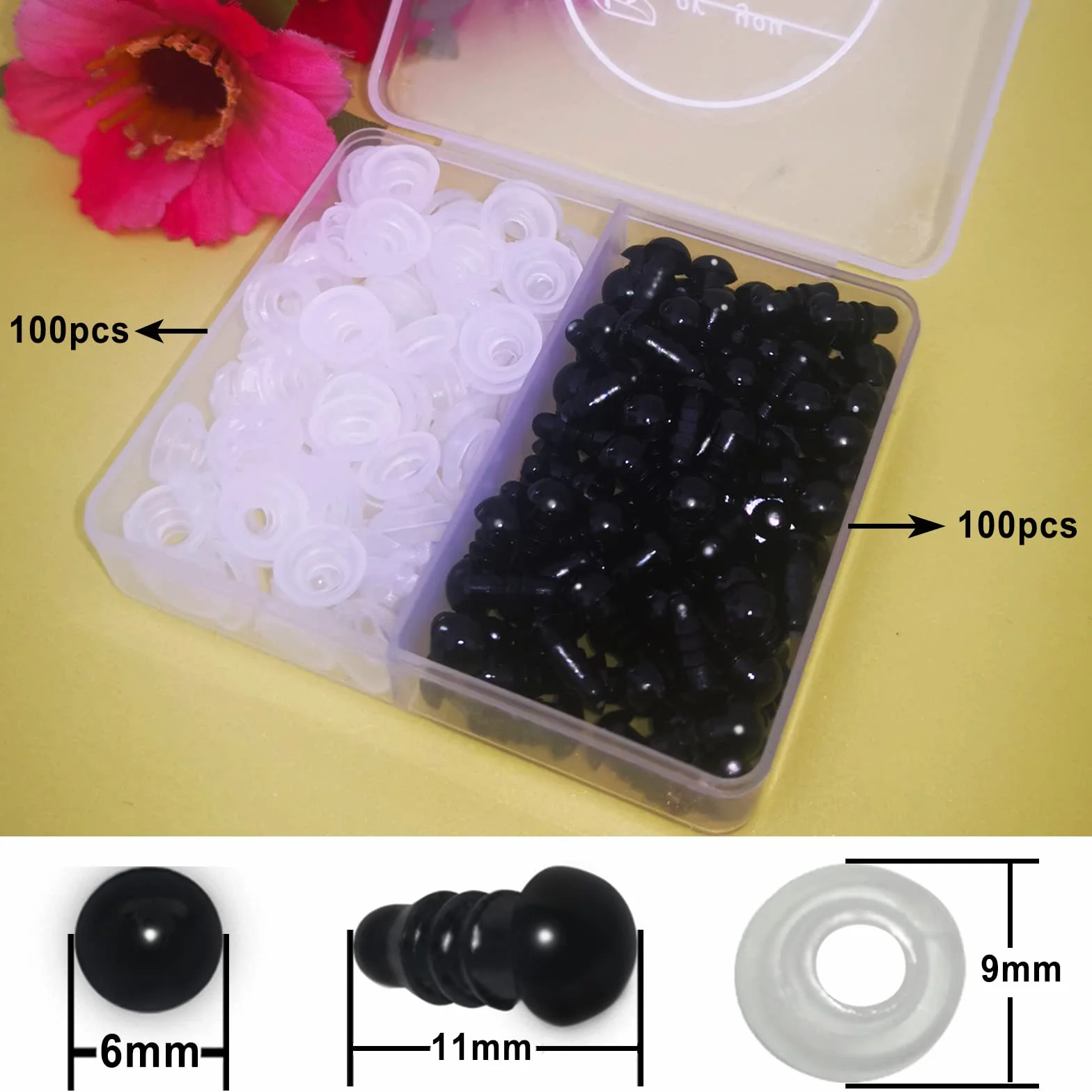 100PCS Occhi di Sicurezza con Rondelle 6mm Occhi Giocattolo in Plastica Nera per Creazione Bambole Fai-da-Te