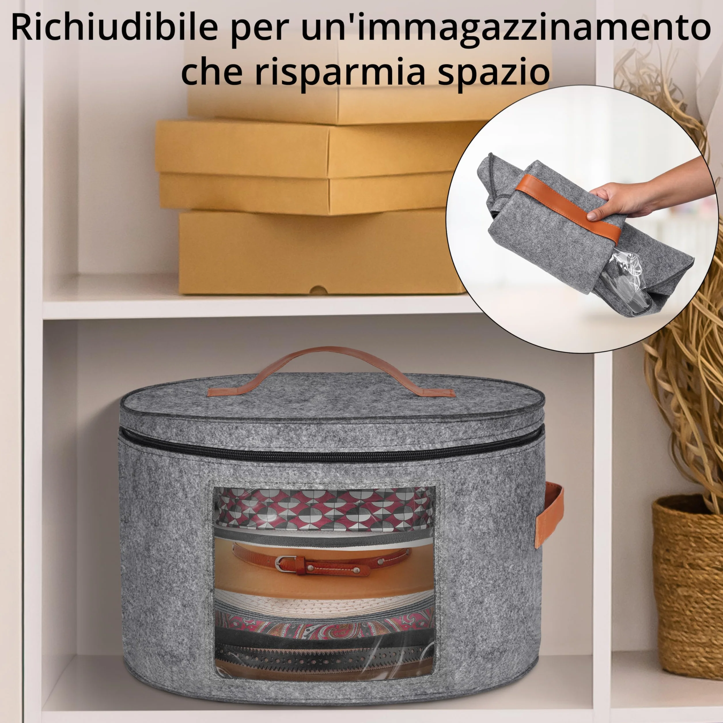 Winter Shore Cappelliera Pieghevole Grande con Cerniera - Scatola per Cappelli Rotonda Grigia 43x26cm