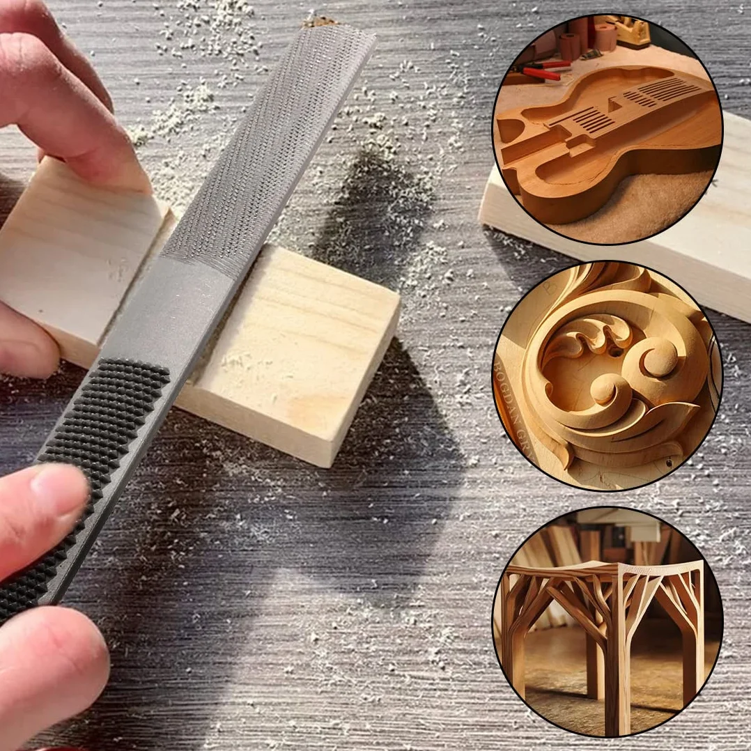 Raspa per Legno 4 in 1, Lima Acciaio 200mm. Superfici Piana/Mezza Tonda (Grossa/Fine). Senza Manico per Falegnameria, Liuteria e Riparazione Pianoforte. Attrezzo da Lavoro