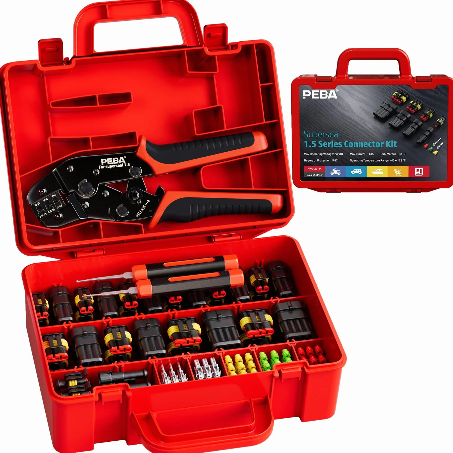 PEBA Connettori Elettrici Impermeabili per Auto, Kit di Connettori per Cavi Elettrici Automobilistici 1/2/3/4 pin Connettori Maschio e Femmina con Strumento di Crimpatura a Cricchetto, Estrazione Pin