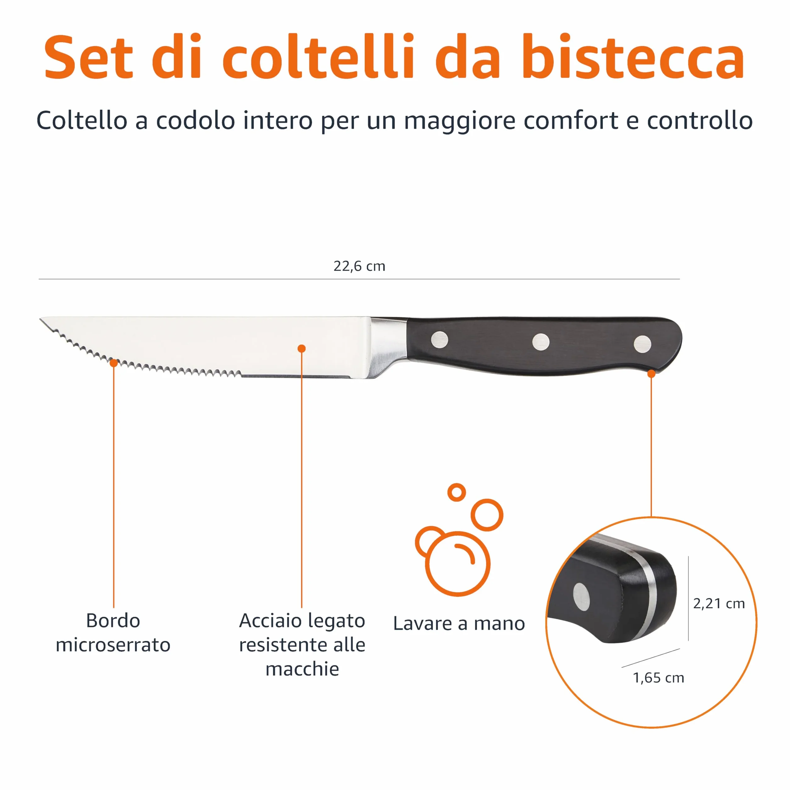 Amazon Basics Set di coltelli da carne 8 pezzi Nero acciaio inossidabile