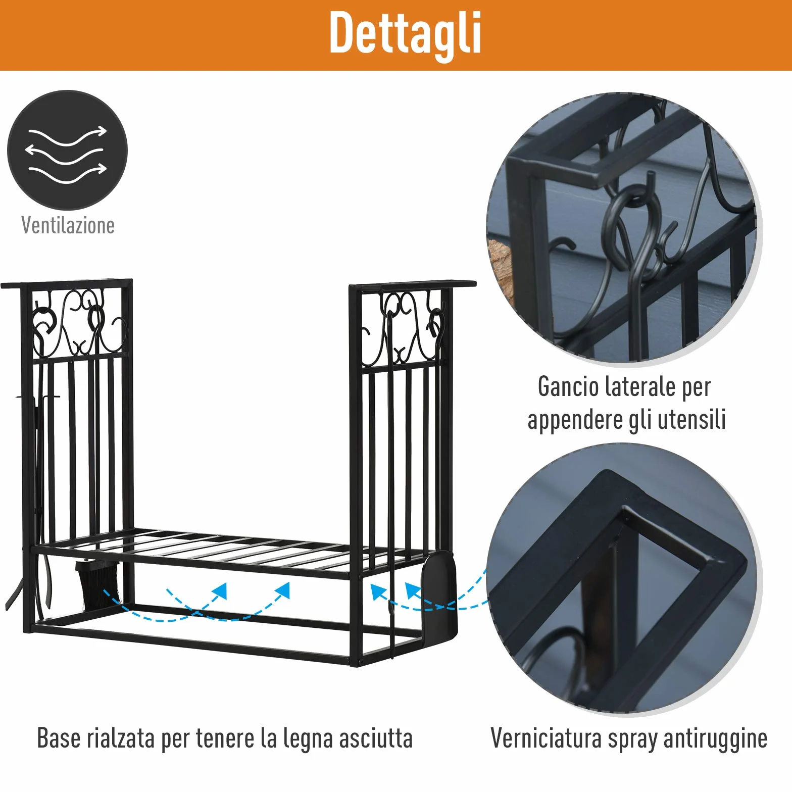 HOMCOM Portalegna Rialzato per Camino in Acciaio Antiruggine, Porta Legna da Interni ed Esterni, 4 Attrezzi Inclusi, 75x30x60cm